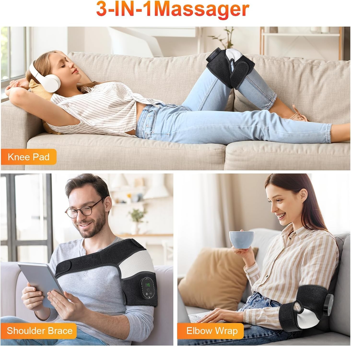 Cordless 3-in-1 Heated Massager Wrap for Knee, Elbow, & Shoulder – FSA Eligible