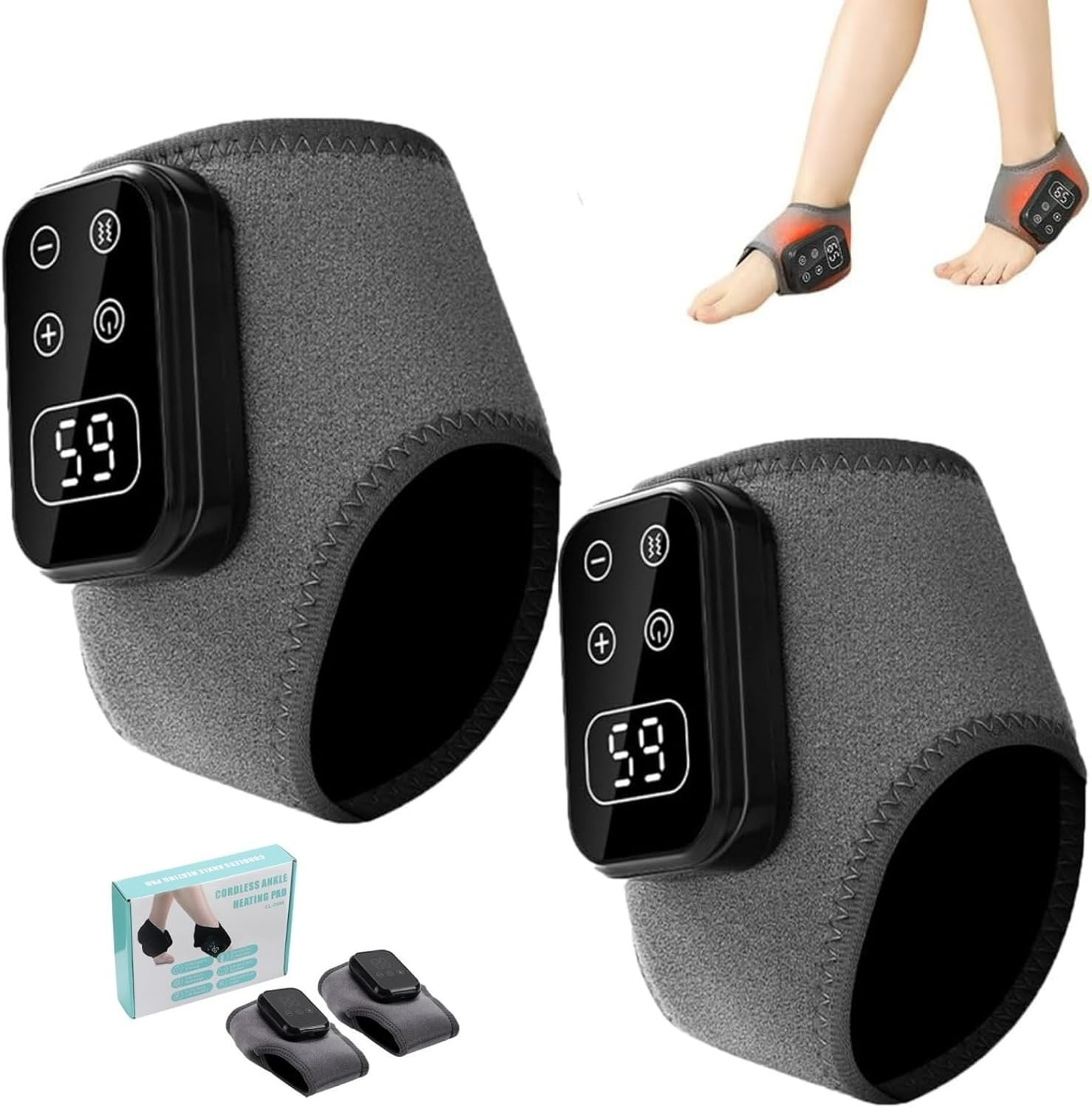 3-in-1 USB Rechargeable Foot Massager – Wireless Ankle Heat Wrap, Grey, 2-Pack
