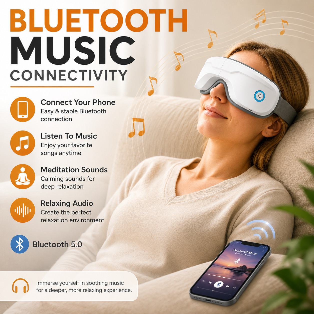 Heated Eye Massager Bluetooth Compression Vibration Rechargeable Sleep Aid