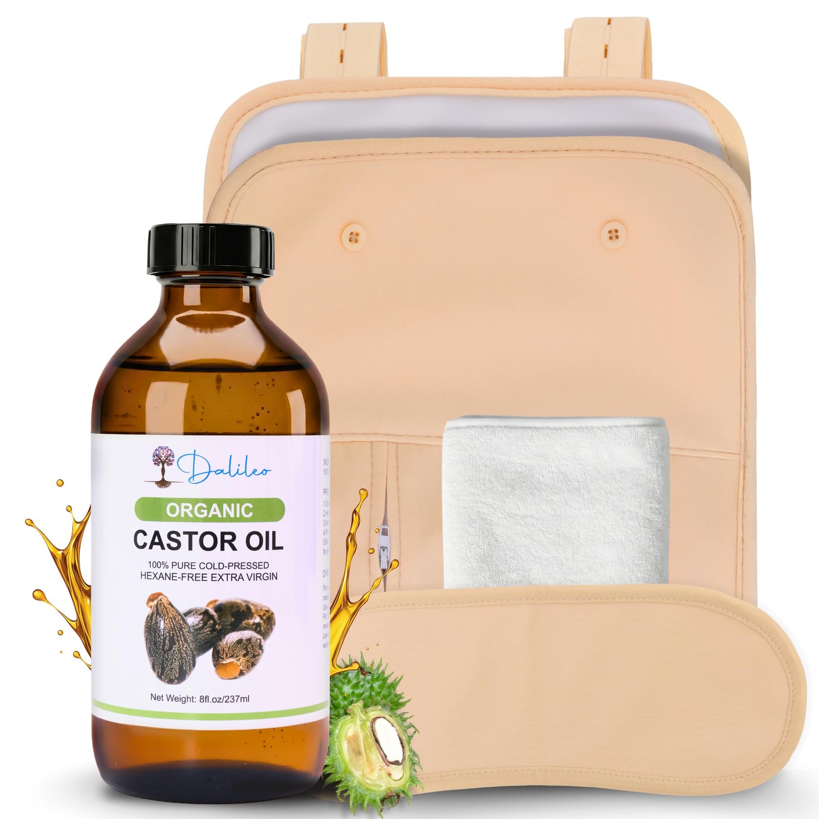 Organic Castor Oil Pack Wrap Kit – 8oz Cold Pressed Oil with Abdominal & Neck…