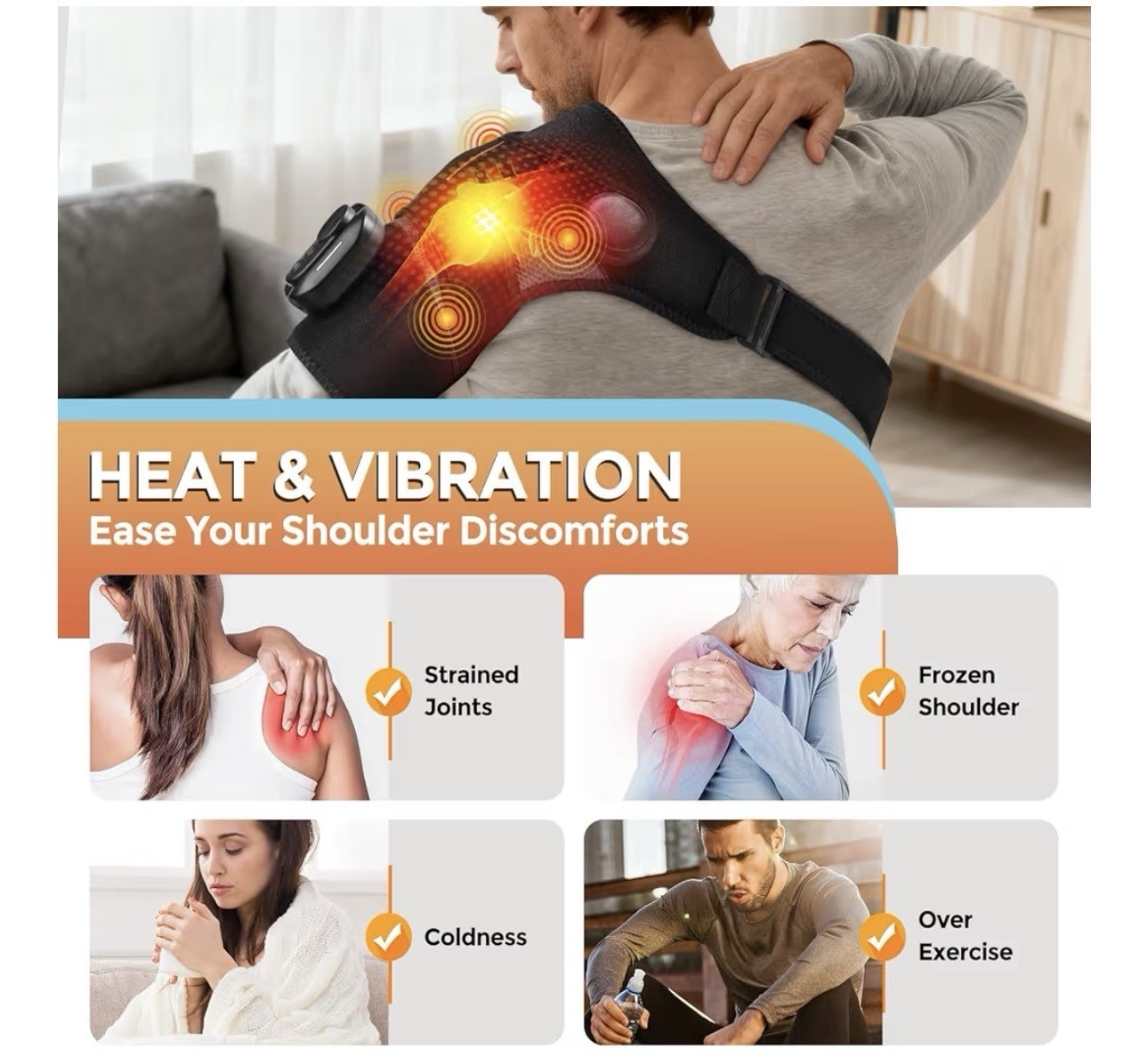 Heated Vibrating Shoulder Wrap Massager Cordless Remote Display Black 102405