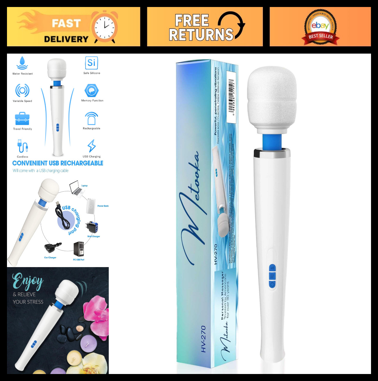 Cordless Therapeutic Massager – Handheld 8 Speeds & 20 Patterns – Rechargeable f