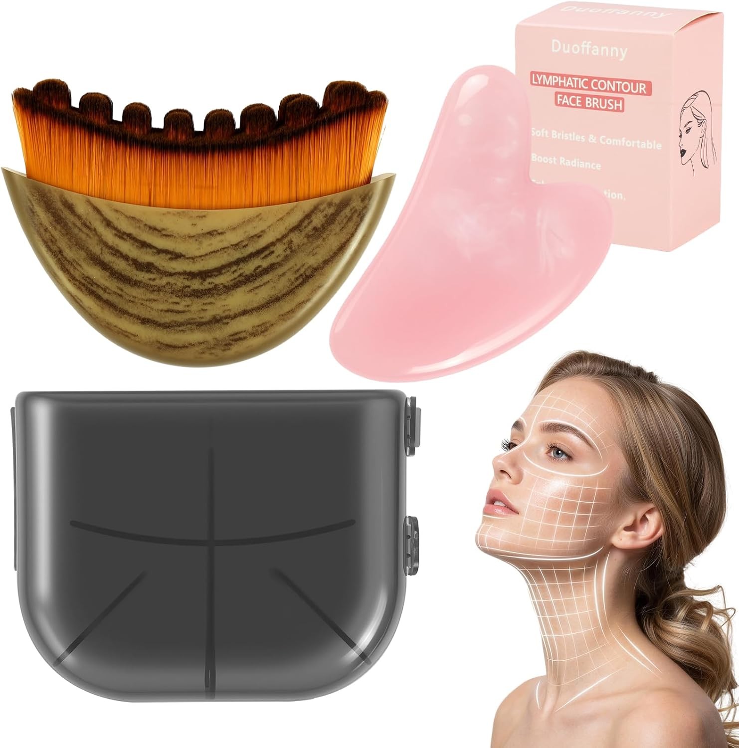 2-in-1 Lymphatic Face Massage Brush & Gua Sha Tool Set for Contouring