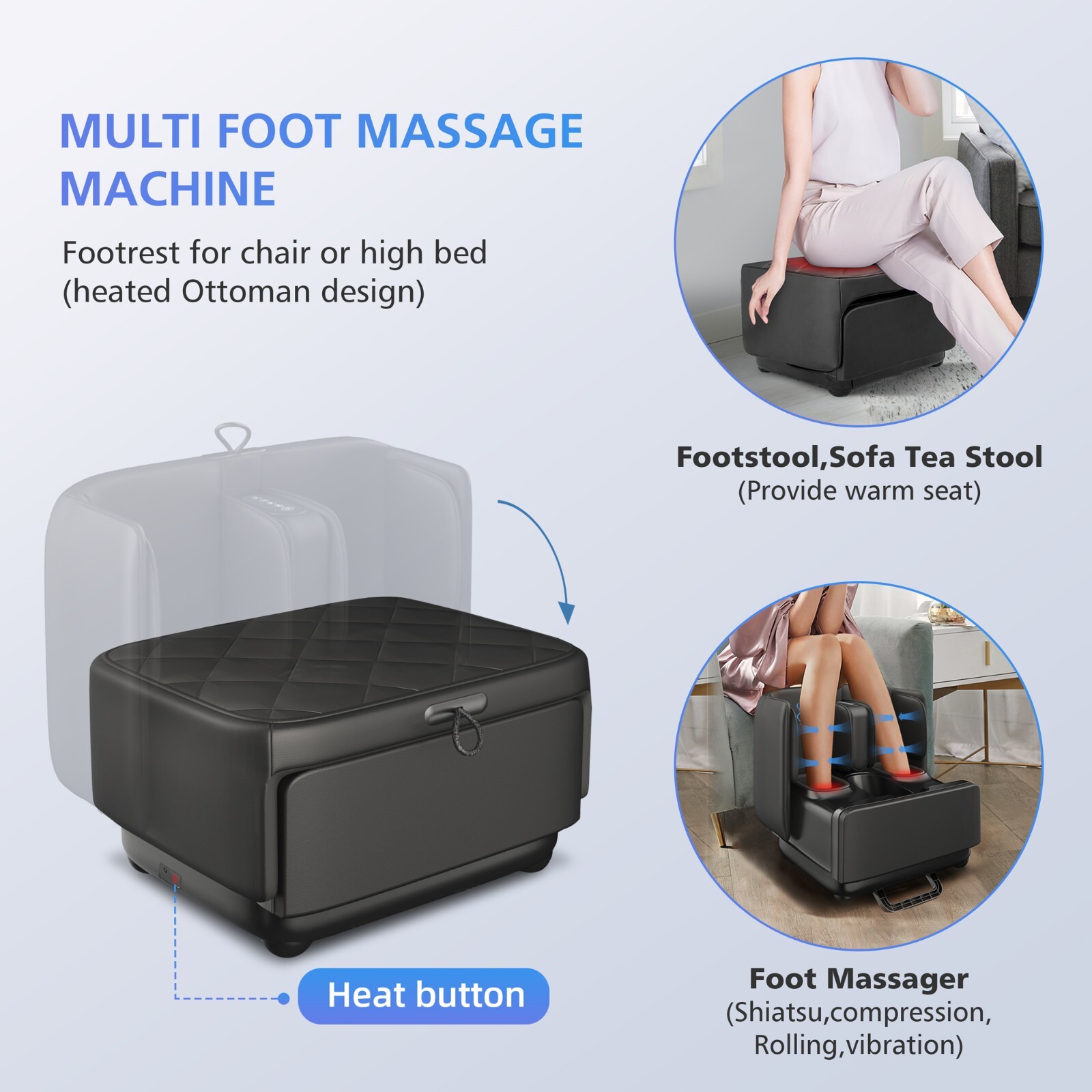 Comfier 2 in 1 Shiatsu Foot Massager Machine with Heat & Ottoman Foot Rest Black