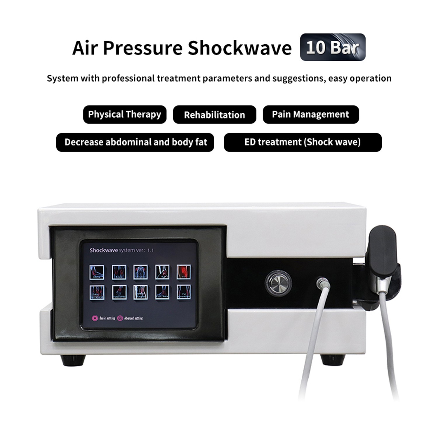 2026 New Pneumatic Shockwave Therapy Machine for ED, Muscle Pain Relief 10 Bar