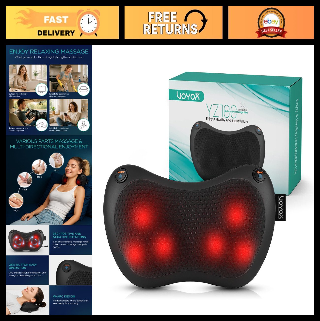 3D Deep Tissue Shiatsu Neck & Back Massager with Heat – Home, Car, Office Use