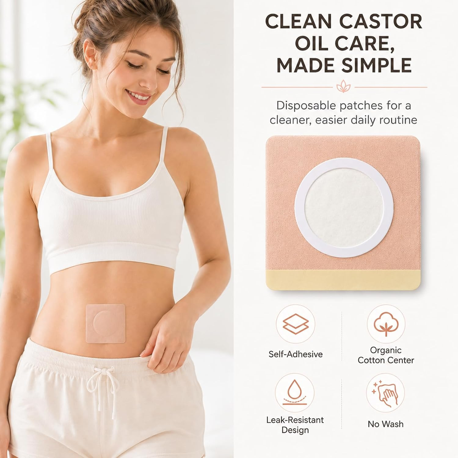 50Pcs Castor Oil Patches, Organic Cotton Castor Oil Pack Wrap Disposable Self-Ad