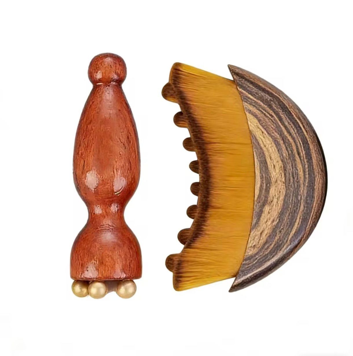 2-in-1 Lymphatic Facial Massage Set Sandalwood Brush Brass Eye Tool Spa Kit