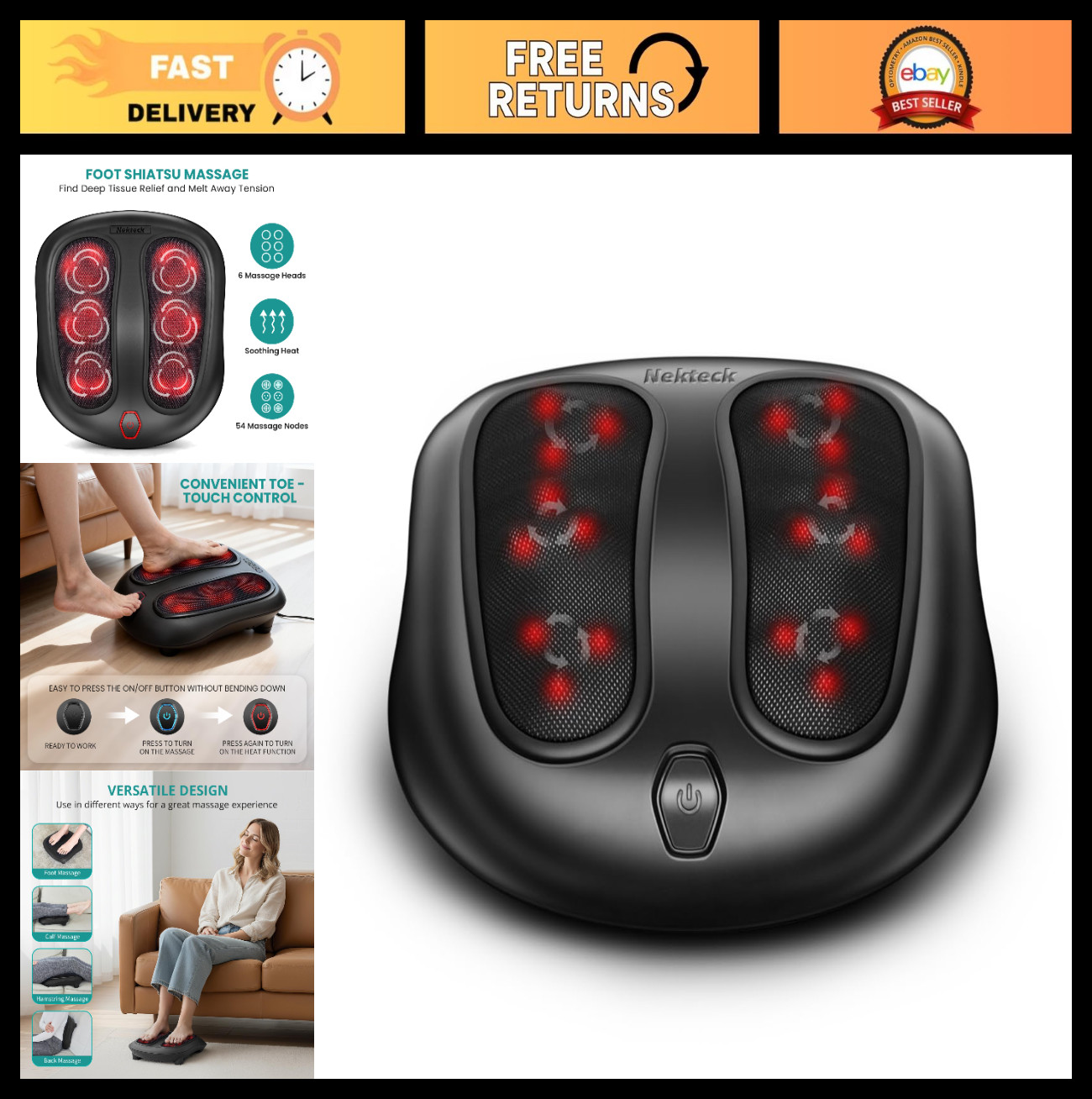 Shiatsu Foot Massager with Heat – Electric Kneading Relief for Neuropathy, Plant