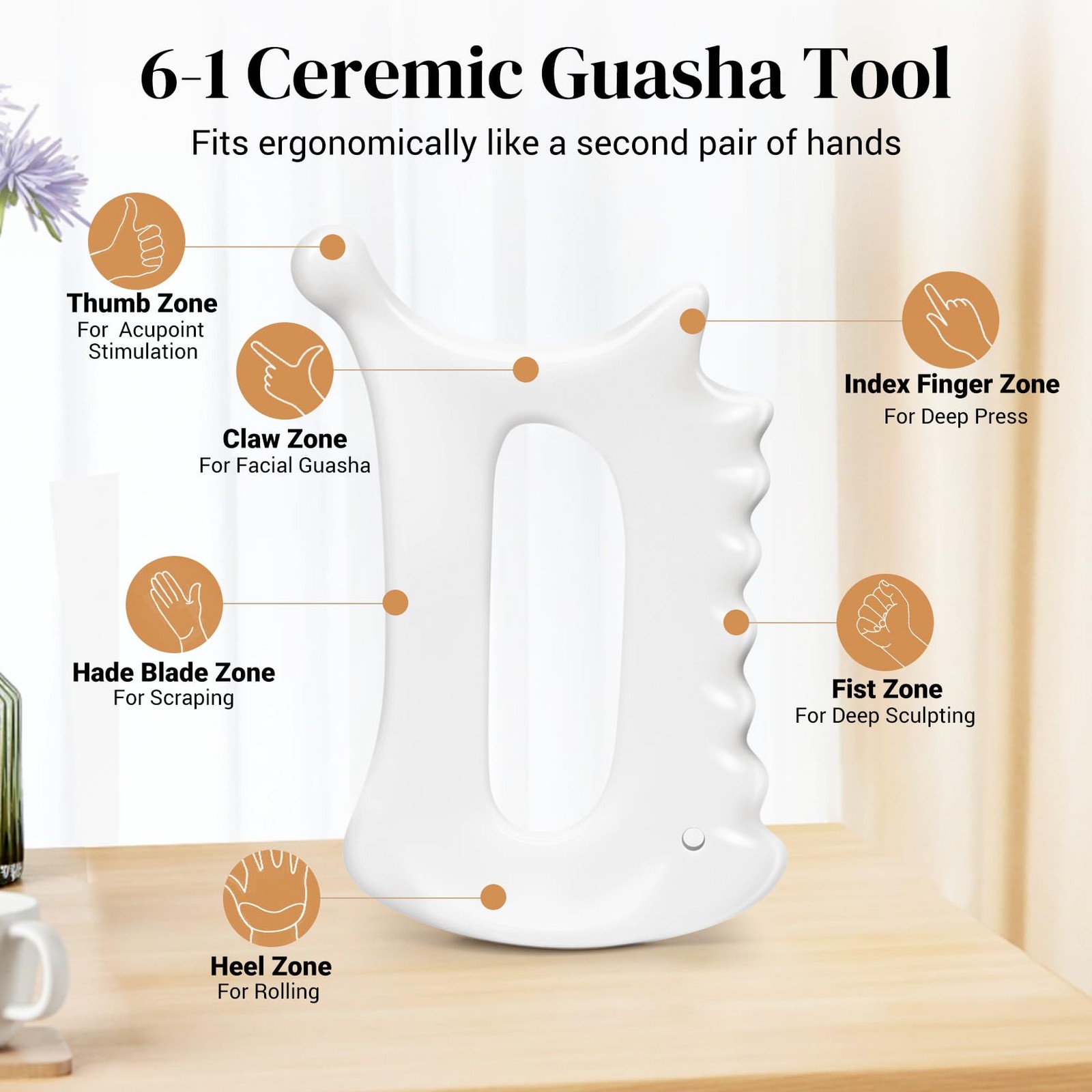Roythric Upgraded 6-in-1 Ceramic Gua Sha Tool for Face & Body, Matte White