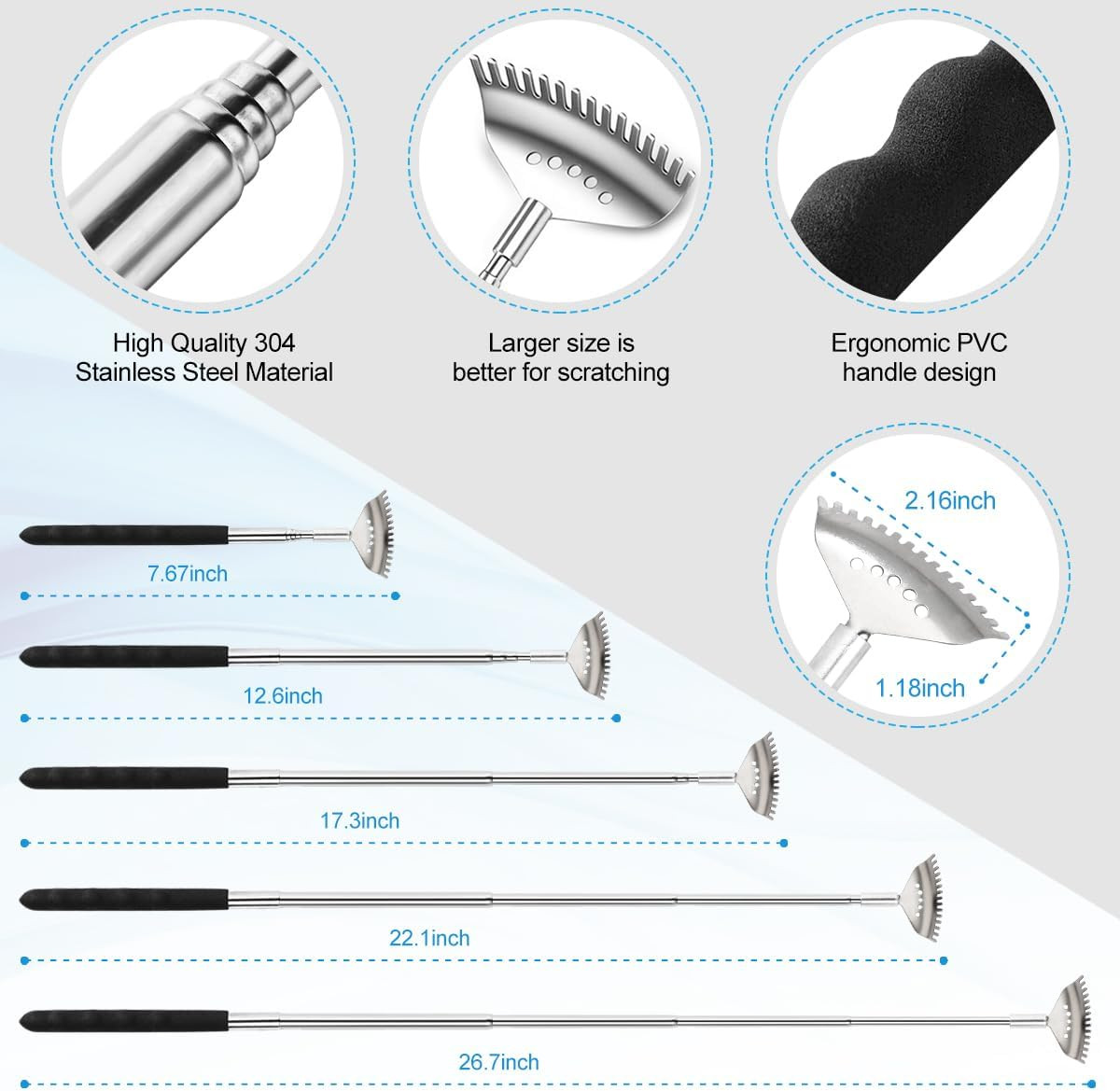 3 Pack Different Back Scratcher Metal Portable Telescoping with Rubber Handles,