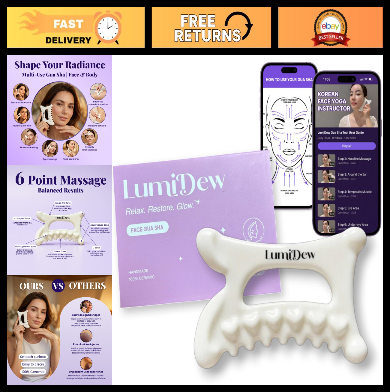 Ceramic Gua Sha Tool for Face & Body – Lymphatic Drainage Massager, Jawline Scul