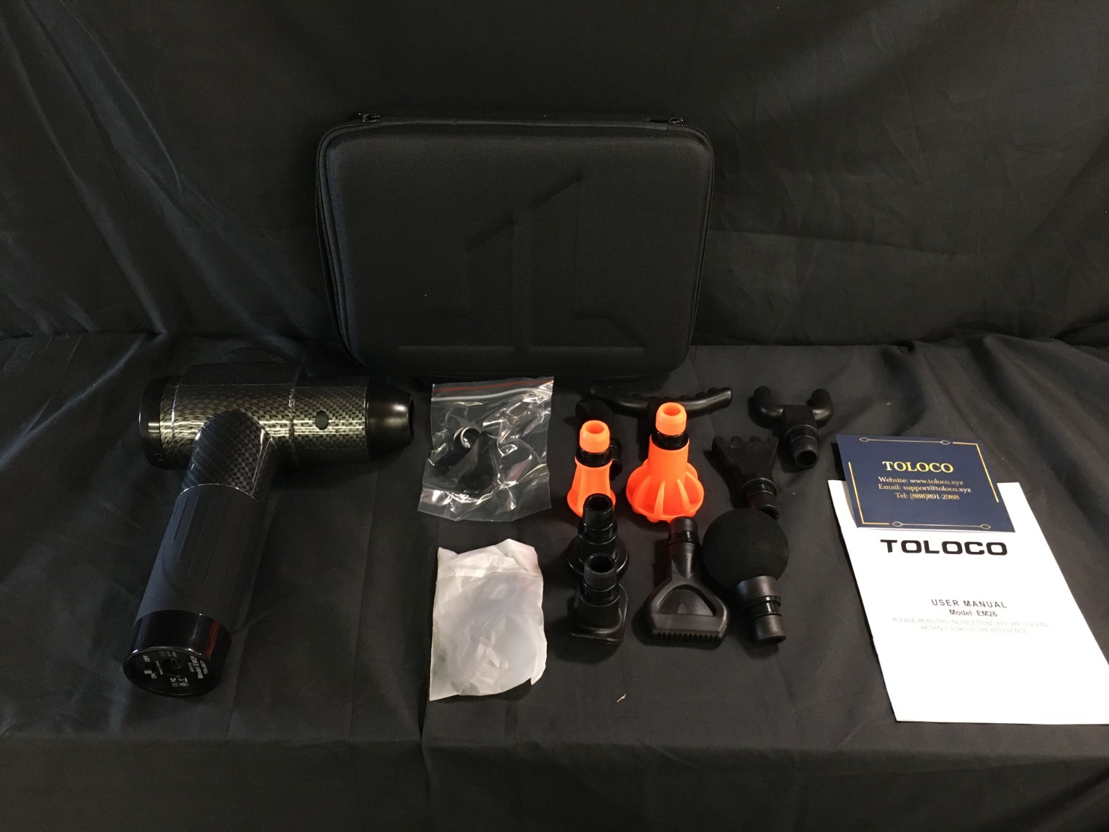 Toloco EM26 Percussion Massage Gun with Attachments & Case, Black