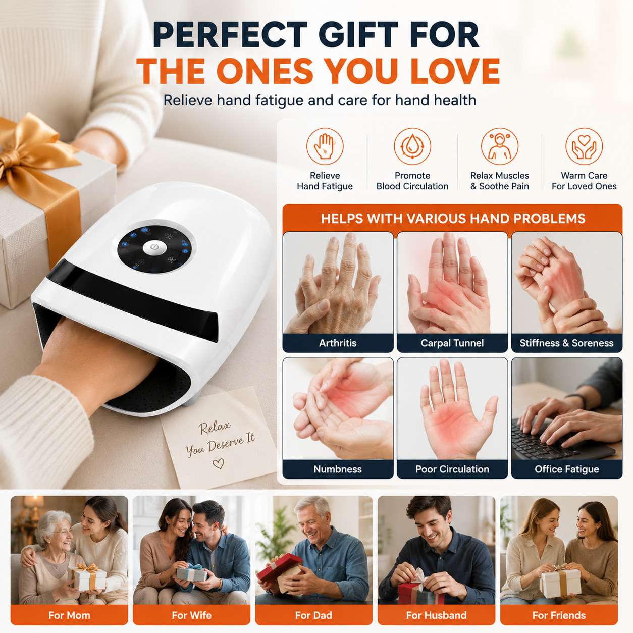 Rechargeable Hand Massager w Heat Compression Therapy Pain Relief