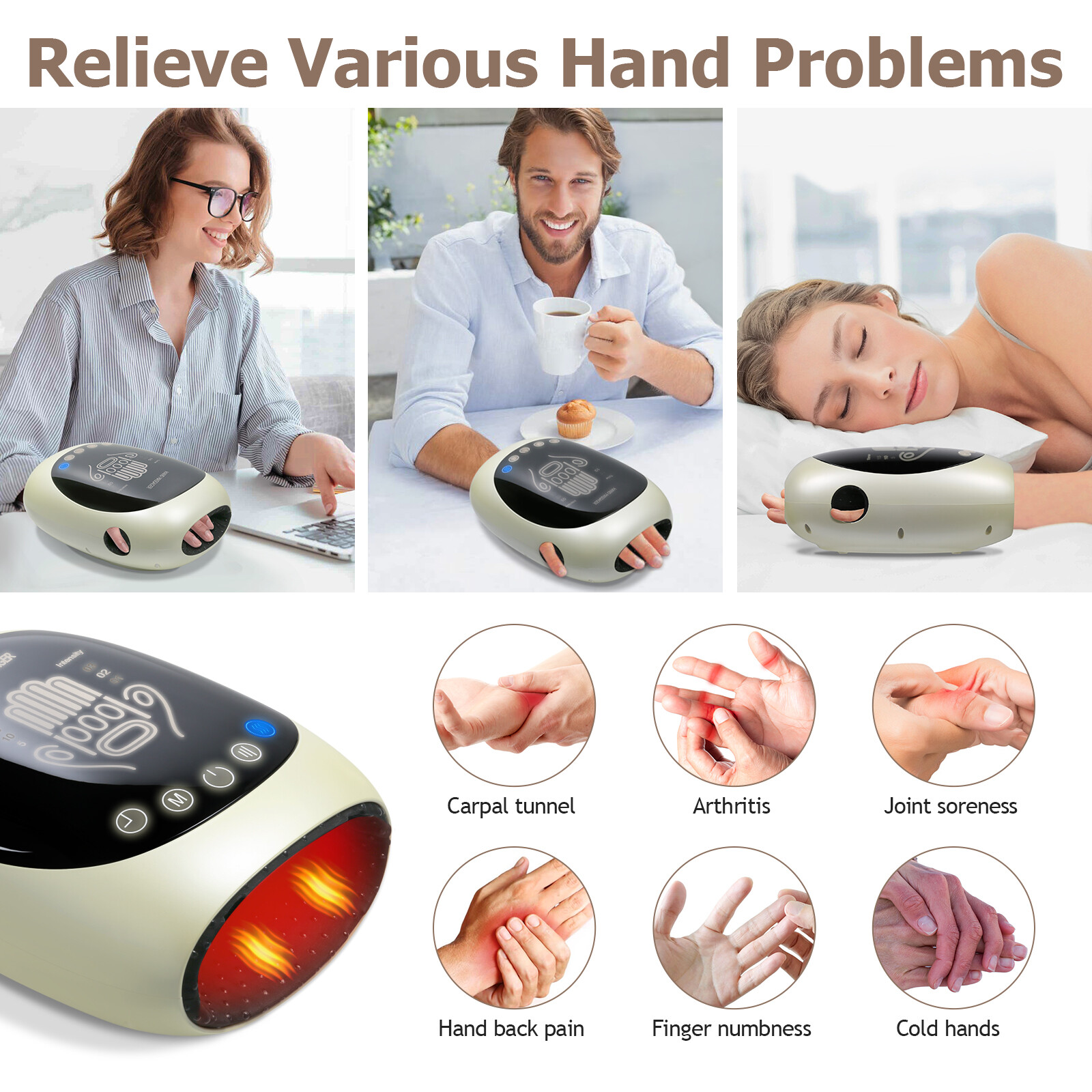Cordless Hand Massager with Heat Air Compression Finger Massage Machine Device