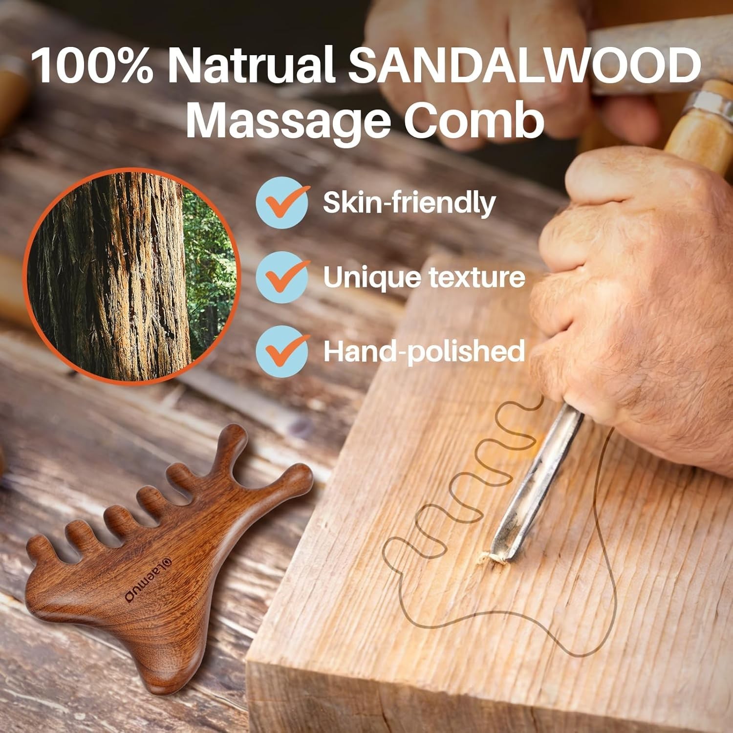 4-in-1 Natural Sandalwood Gua Sha Scalp Massager Comb – Face, Eye, Neck & Body M