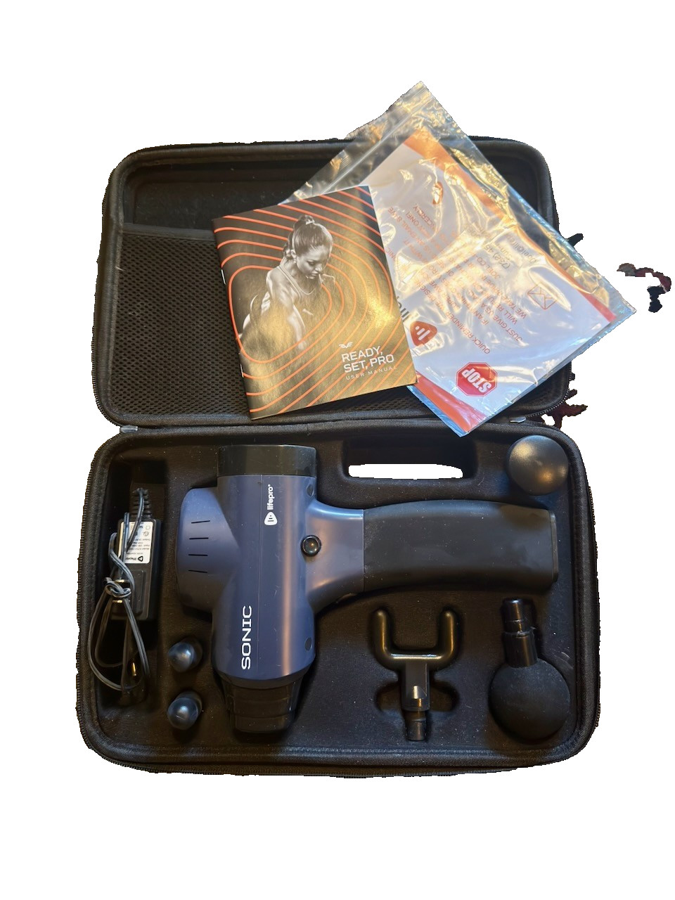 LIFEPRO LPSNC Sonic Handheld Percussion Massage Gun – 5 Speeds – 5 Heads – BLUE