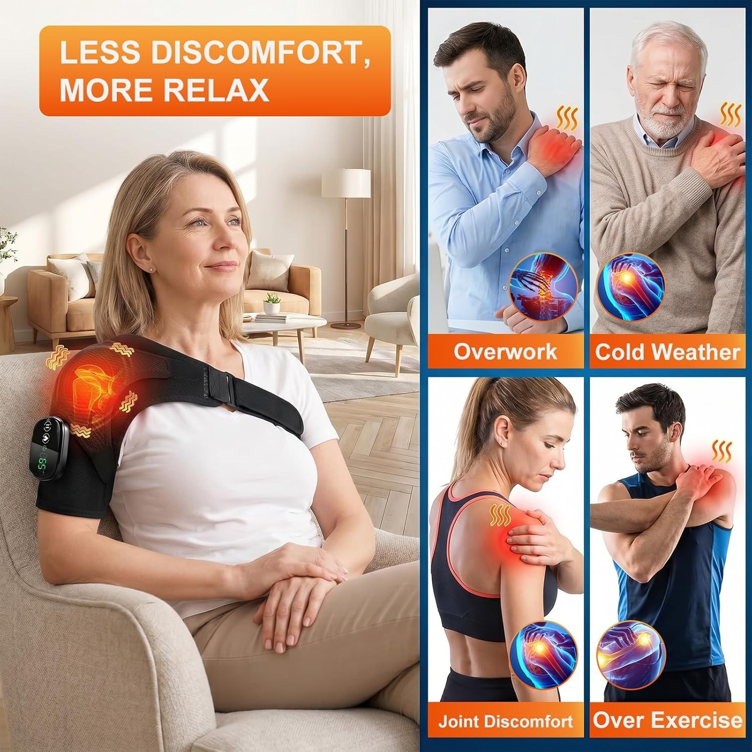 Electric Heated Vibration Shoulder Massager Brace Rotator Cuff Joint Pain Relief