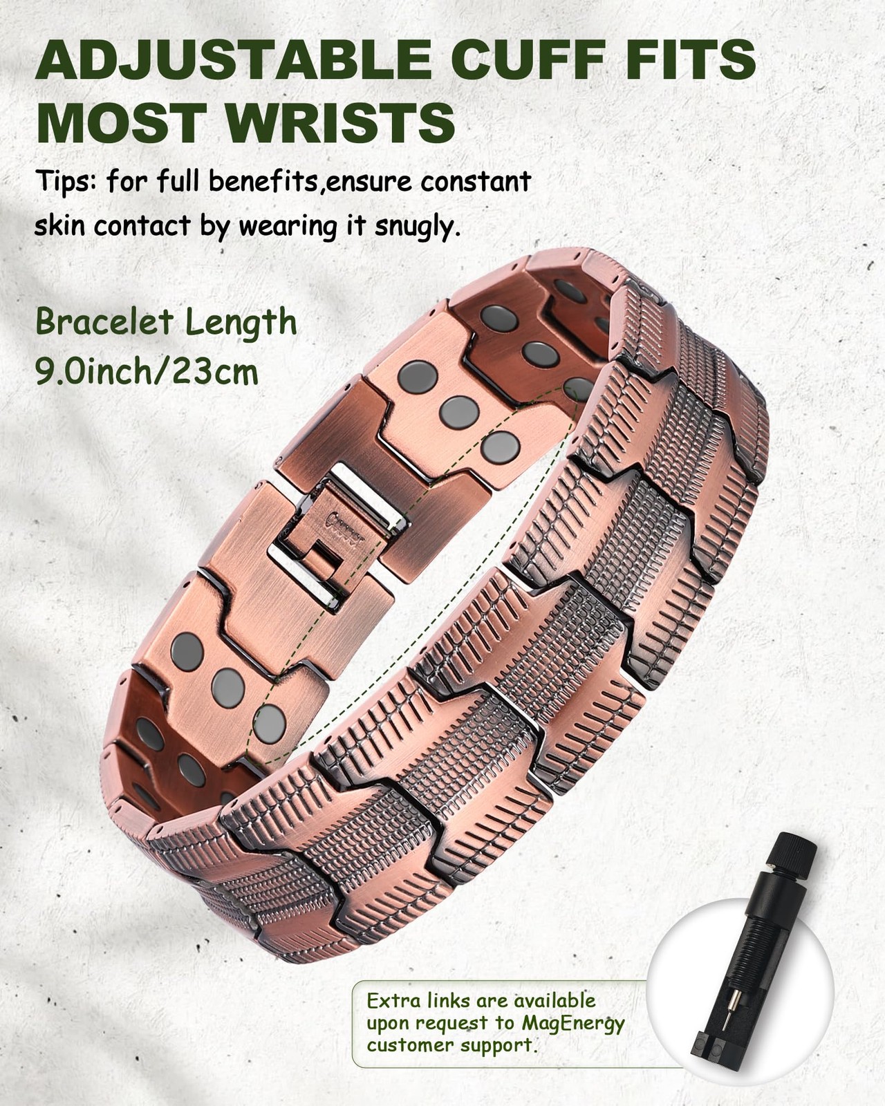 MagEnergy Copper Bracelet for Men, 3X 9.0 Inch, Tread-Carved+Ring
