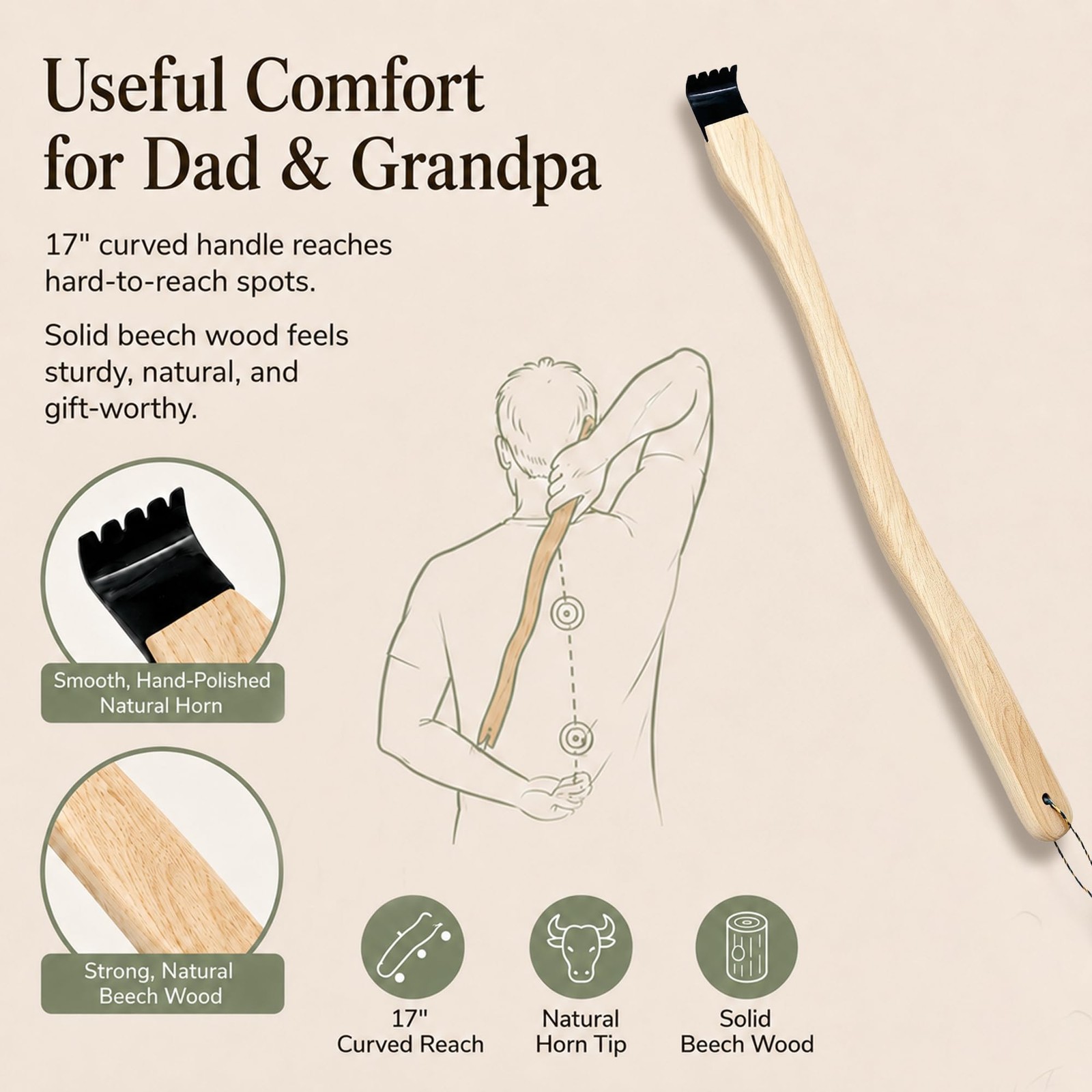 Natural Buffalo Horn Back Scratcher, 17″ Curved Beech Wood Handle, Long Reach…