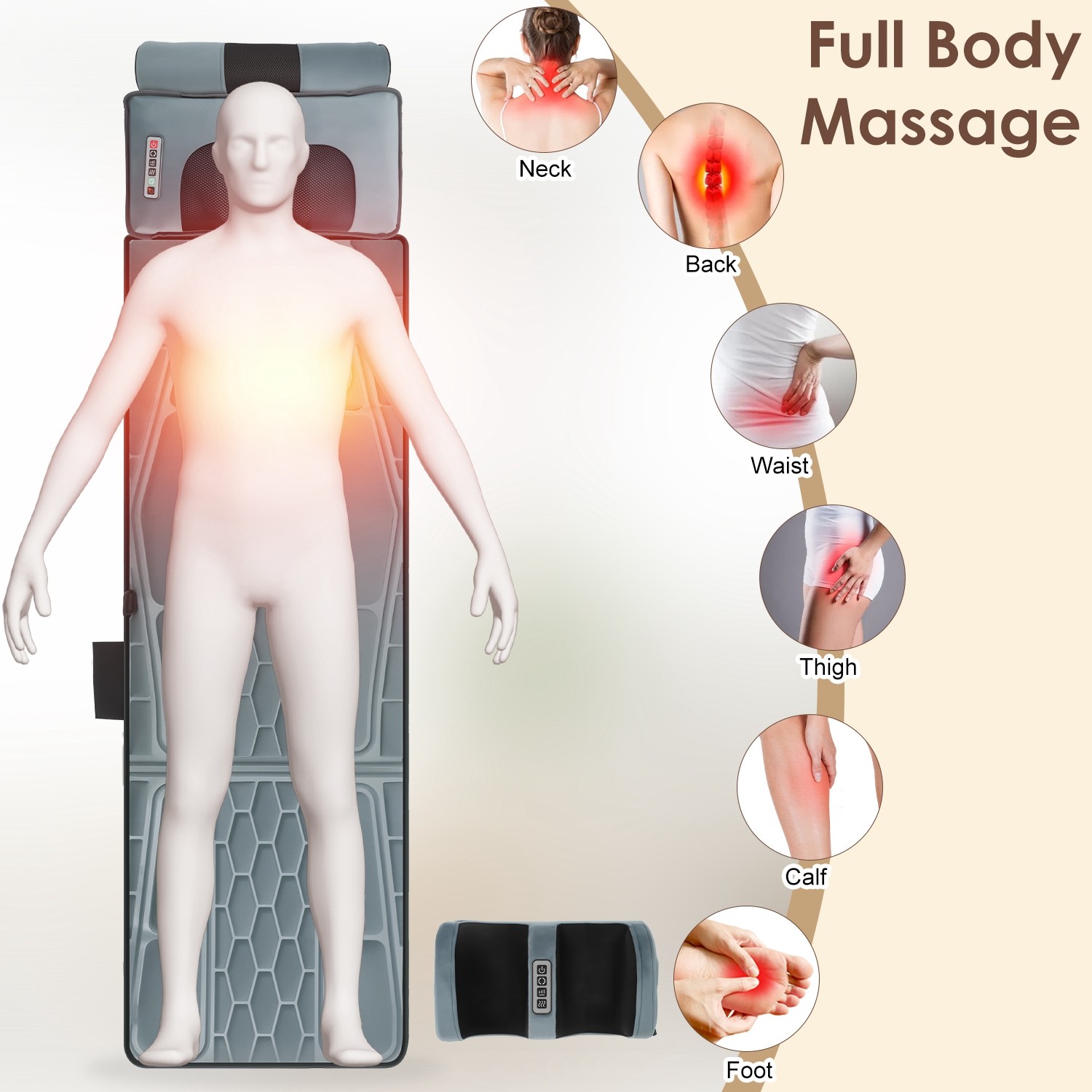 Full Body Massage Mat Flannel Electric Heated Chair Pad Back Neck Massager Pad