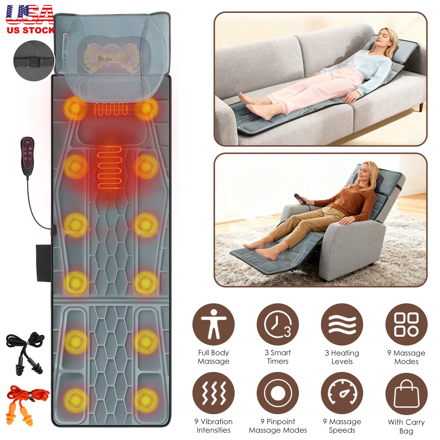 Electric Flannel Full Body Massage Mat Heated Massage Pad Anti-Slip Massager US
