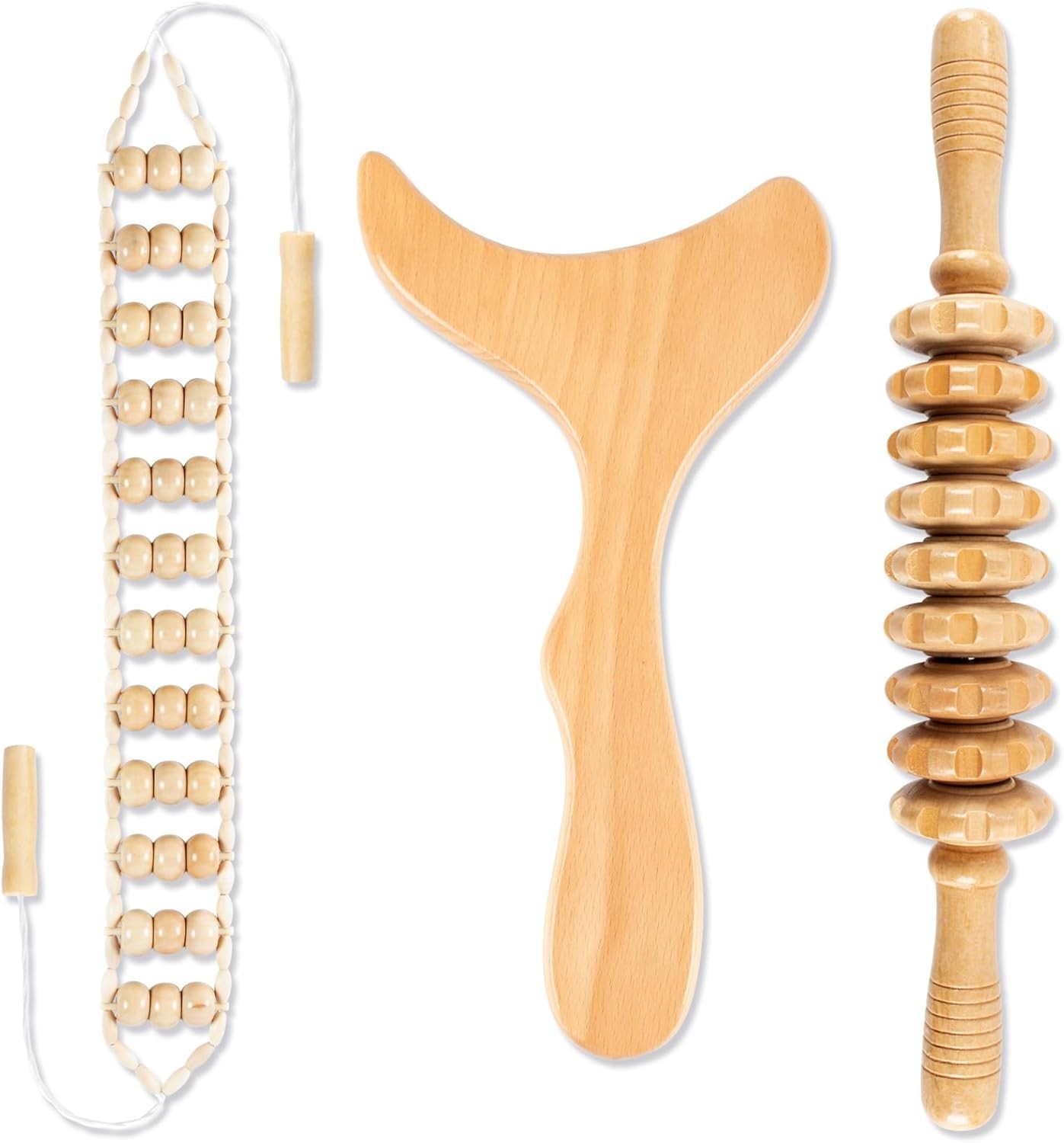 3PCS Wooden Body Massage Tool Set Cellulite Roller Gua Sha Massager Sculpting Ki