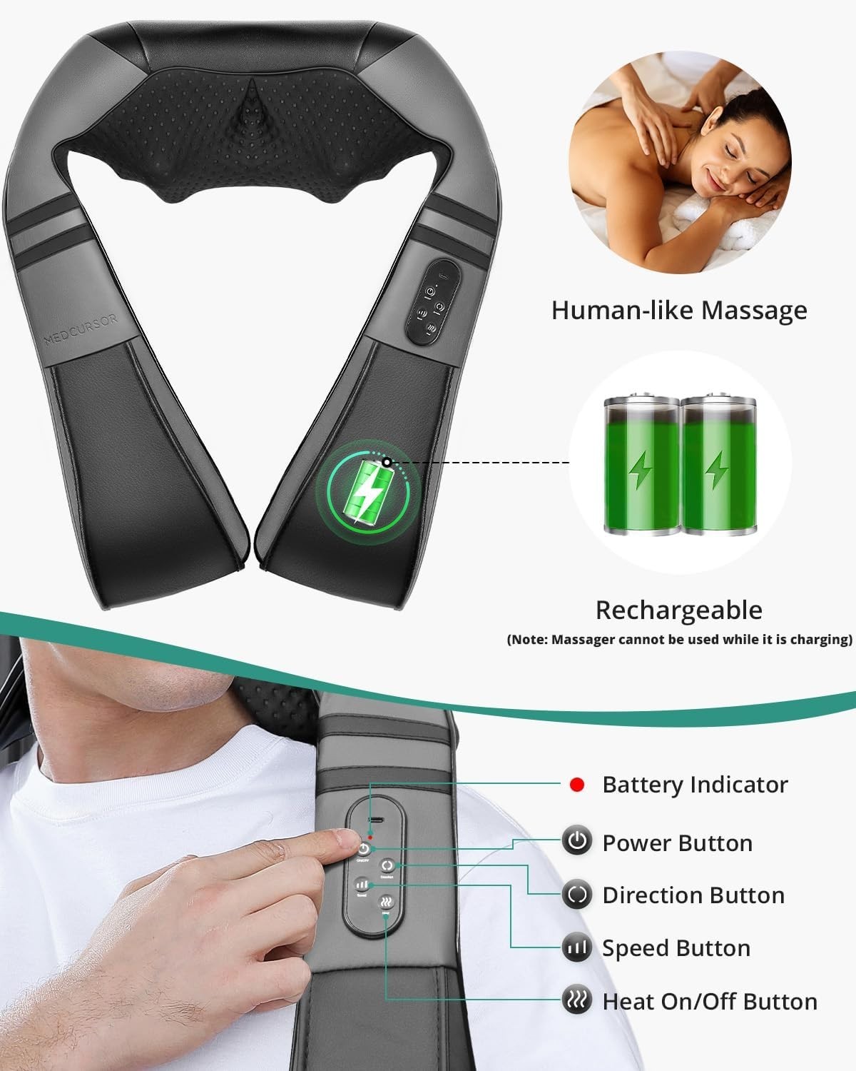 Shiatsu Neck Massager with Auto Shut-Off and USB-C Charging – Safe Relaxation