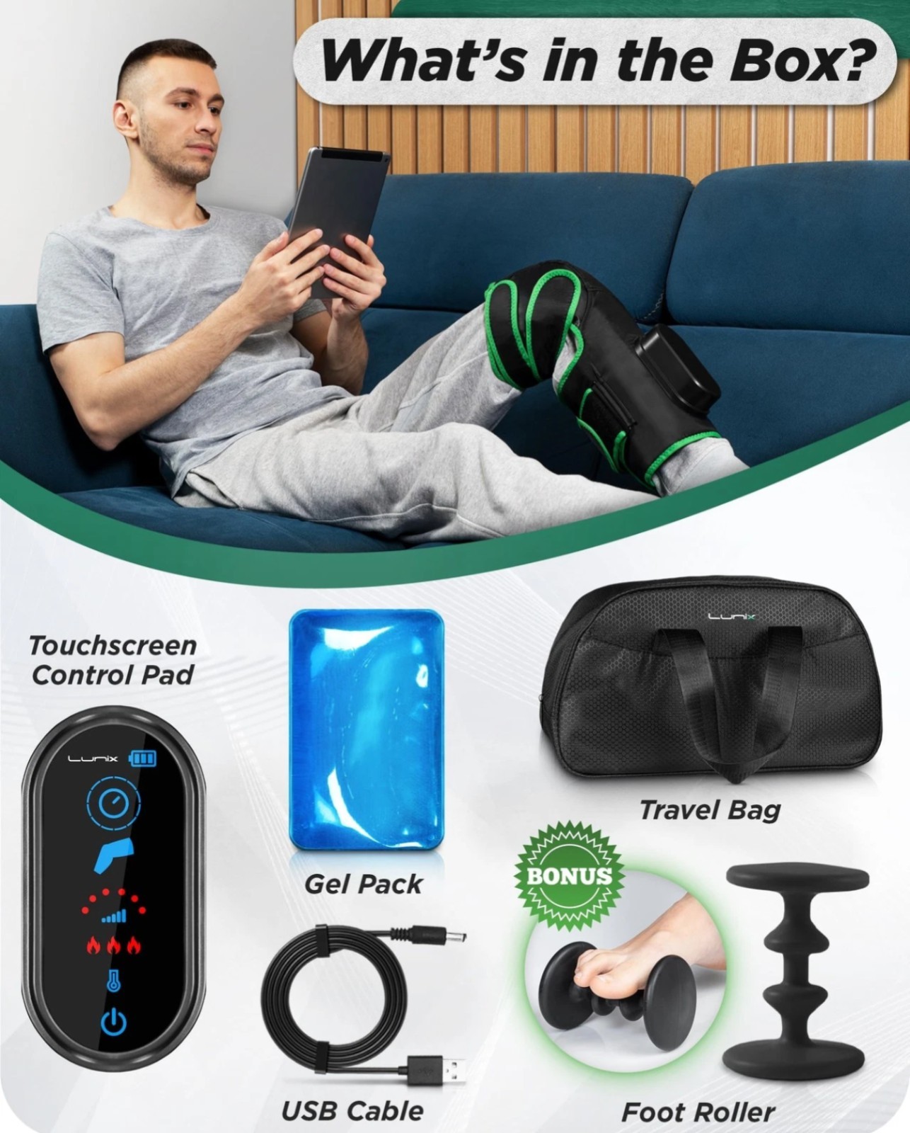 LX4 Knee Massager w/Heat Compression Rechargeable Thigh, Calf, Knee 6x Intensity