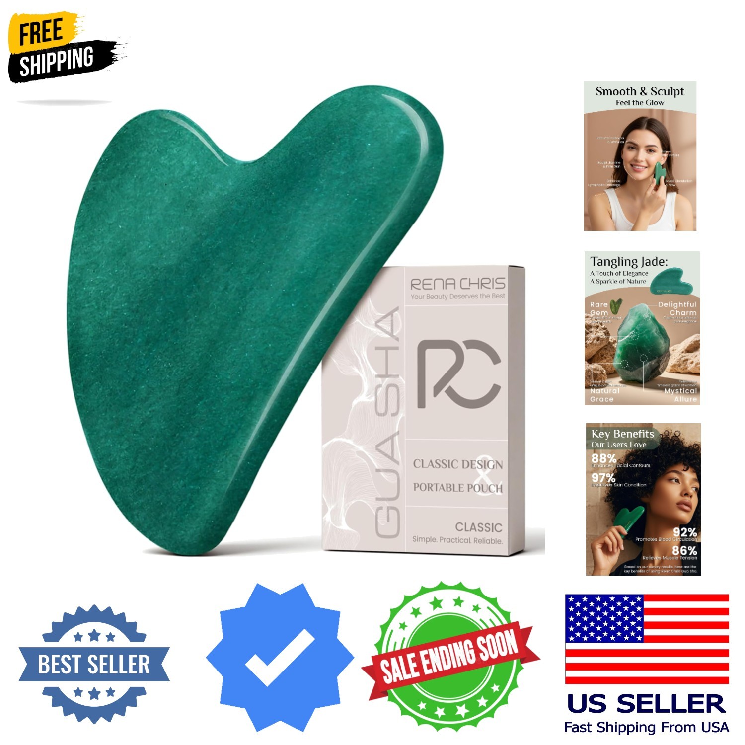 Gua Sha Facial Tools: Natural Jade Stone Guasha Tool for Face Acupuncture Therap