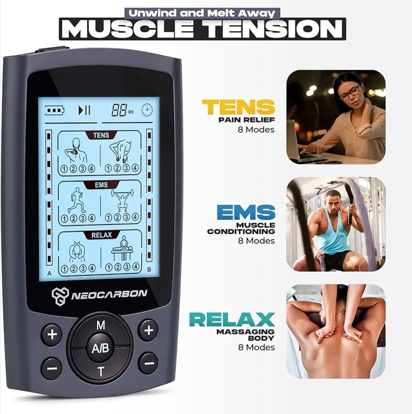 Neocarbon TENS Unit Muscle Simulator Electronic PMS Pulse Massager Machine NEW