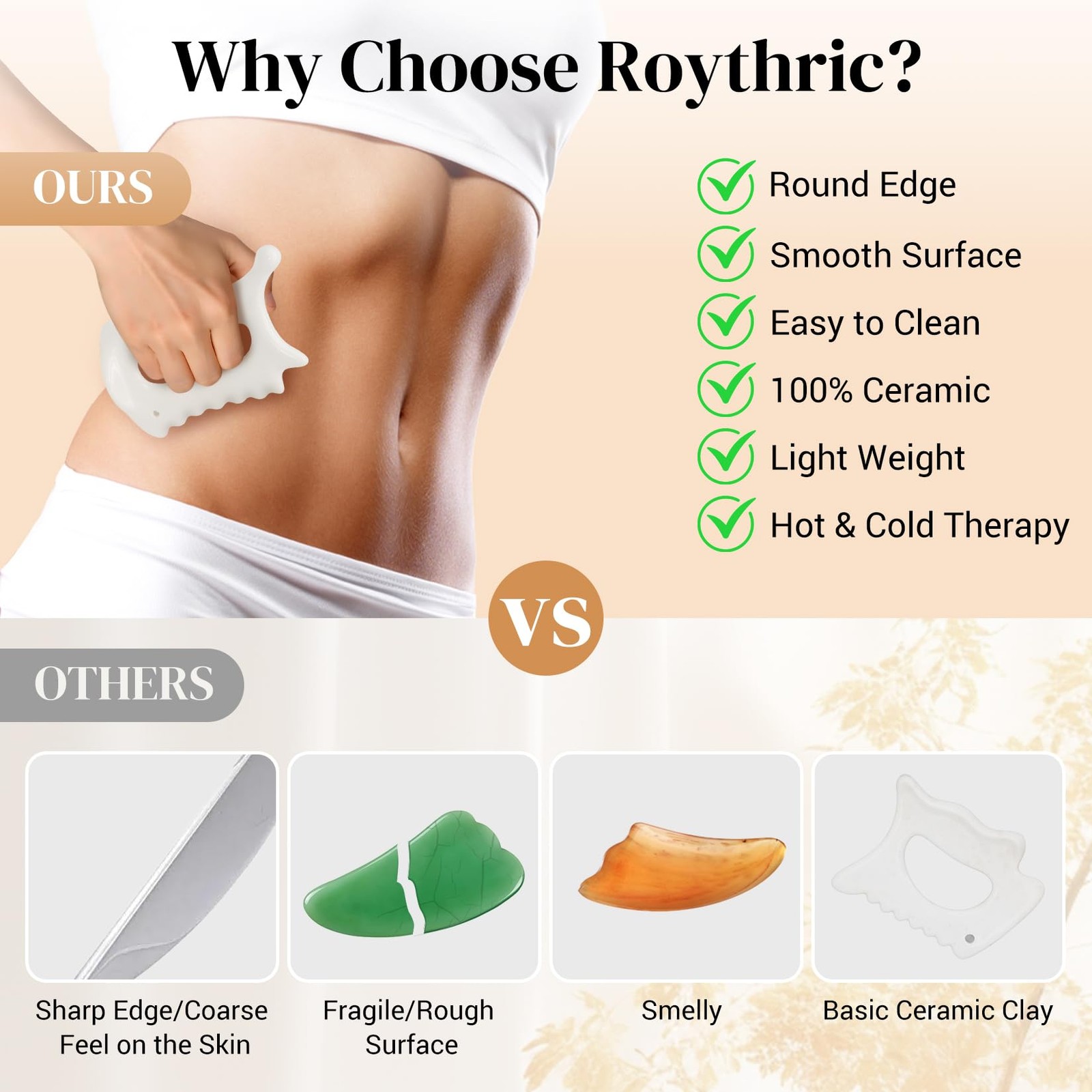 Roythric Upgraded 6-in-1 Ceramic Gua Sha Tool for Face & Body, Matte White