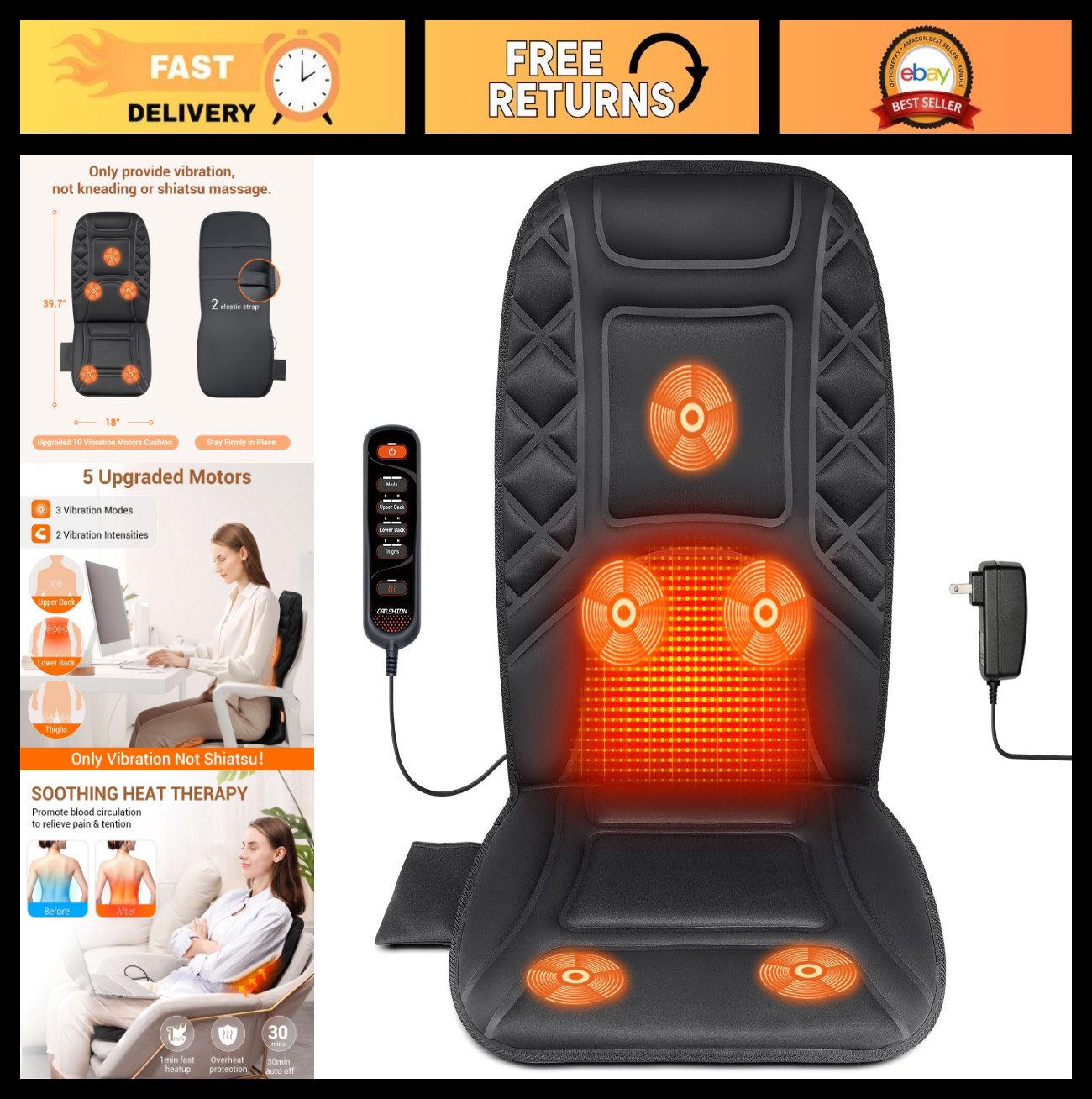 Heated Back Massager Seat Cover Cushion with 5 Vibration Nodes for Pain Relief
