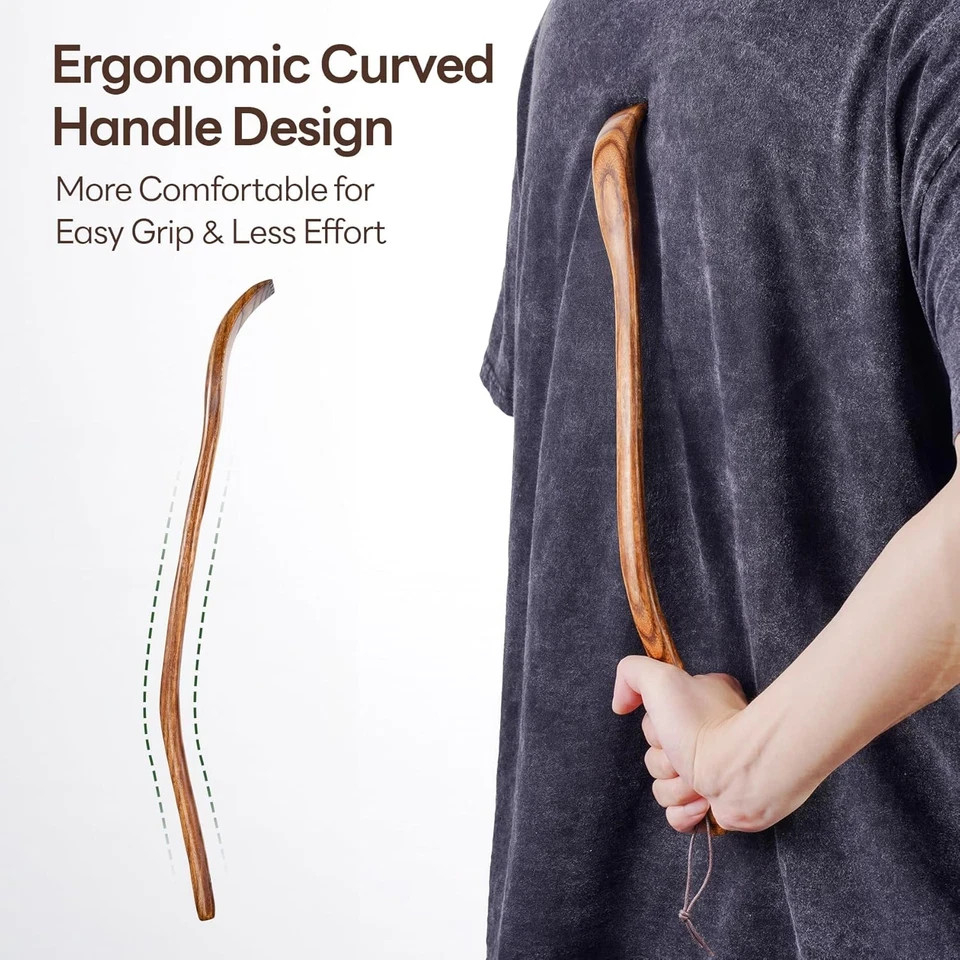 Long Reach 17.5″ Wooden Back Scratcher with Curved Bent Handle, Lightweight & Du