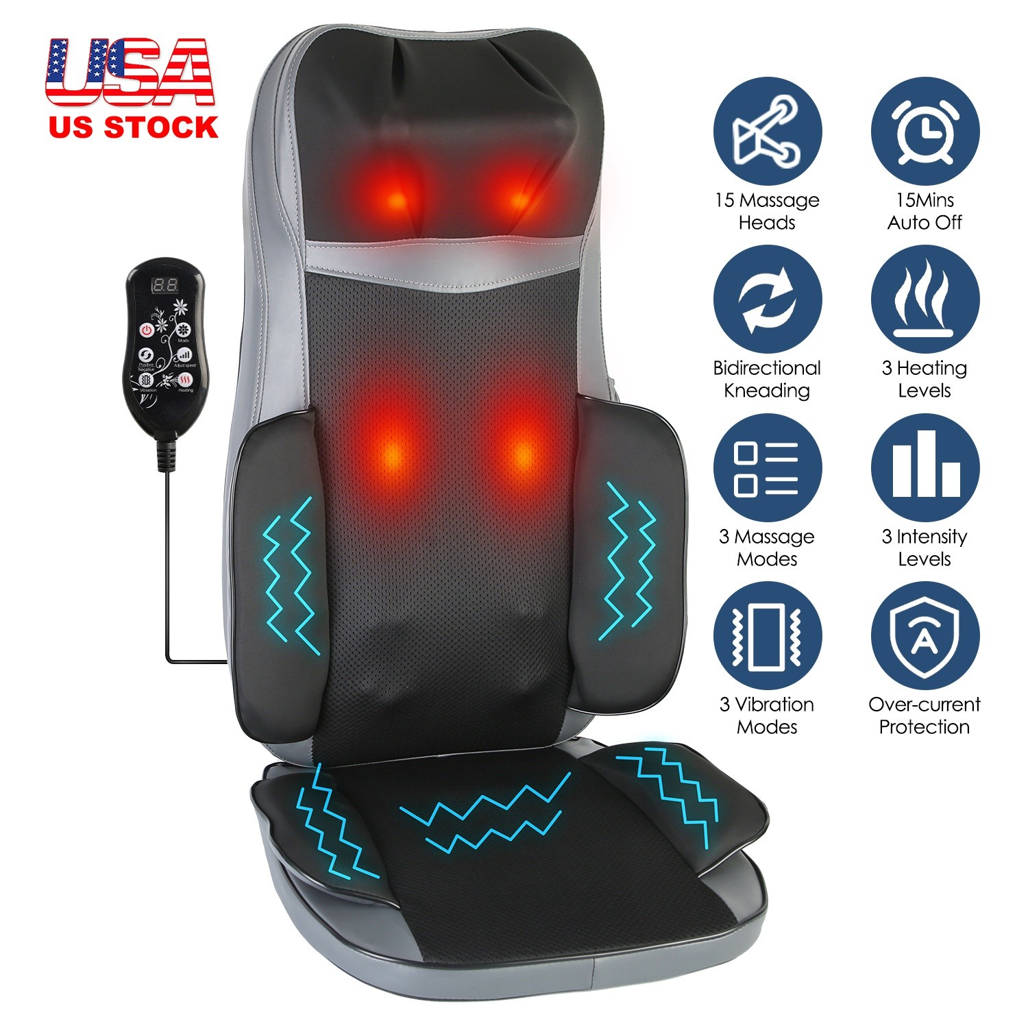 3D Shiatsu Massage Pad Neck-to-Lumbar Kneading + Heat 8 Nodes Full Body Relief
