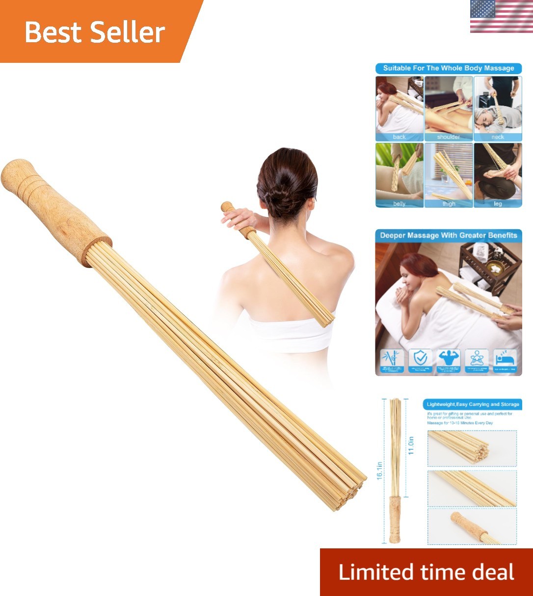 Portable 16in Bamboo Massage Tool for Relaxation & Well-Being – Versatile Use