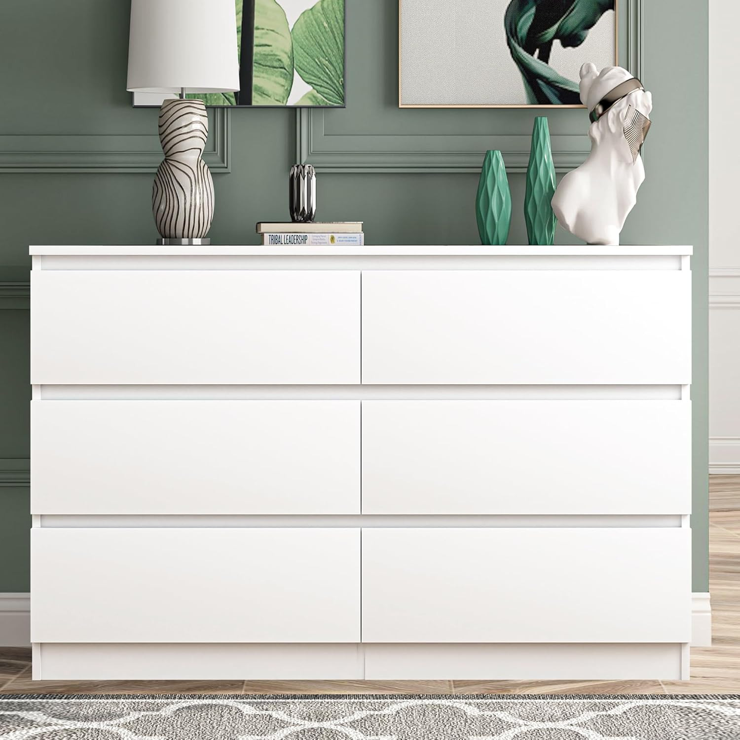 White Dresser 6 Drawer, Modern Double Dresser for Bedroom, Wood Chest of Drawers