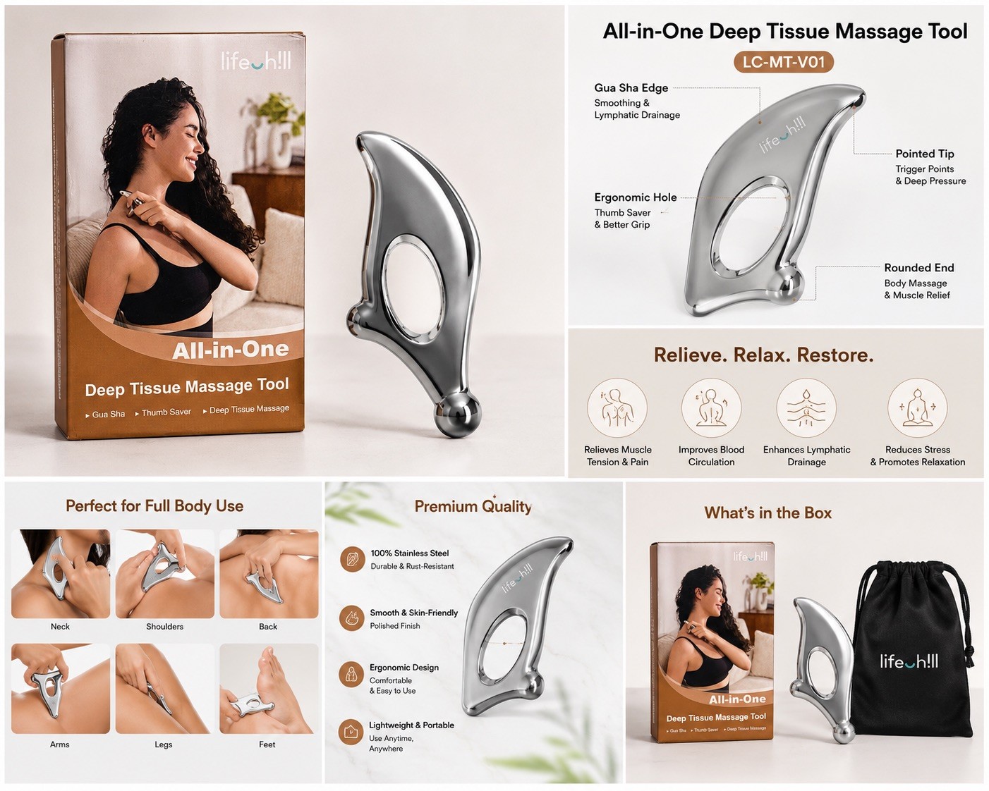 lifechill Trigger Point Massage Tool for Deep Tissue & Gua 1, Silver