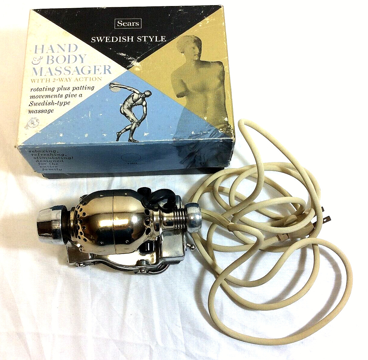 Vintage SEARS 2-Way Vibrating Hand Body Massager Chrome Swedish Style t7
