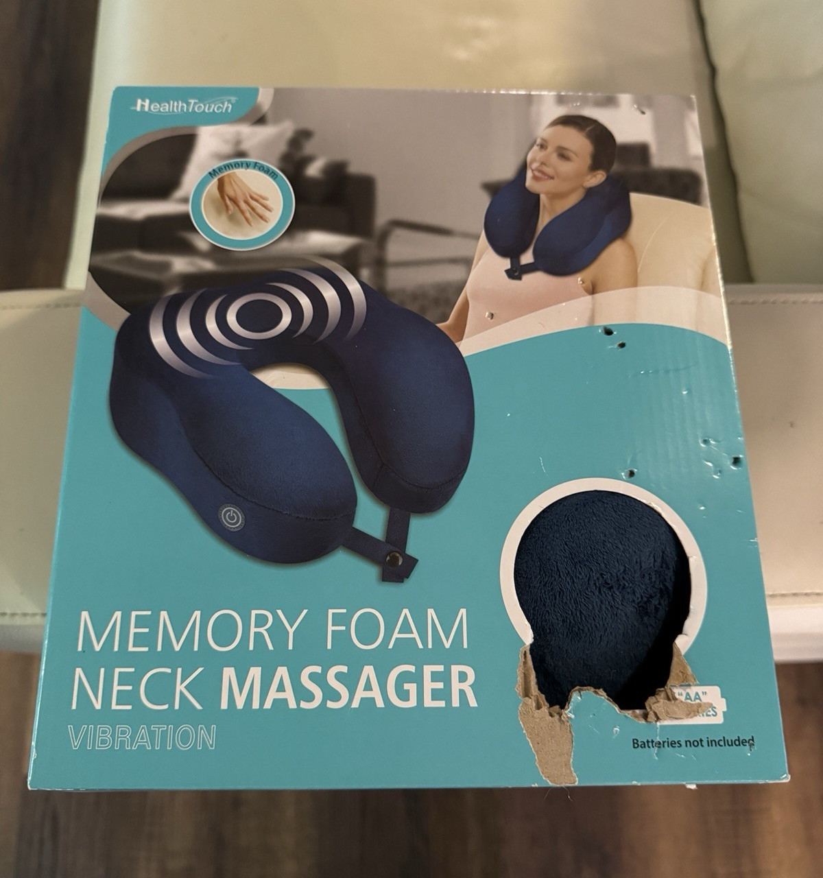 HealthTouch Memory Foam Vibrating Neck Massager, 2 Heads, Battery, Blue, CE
