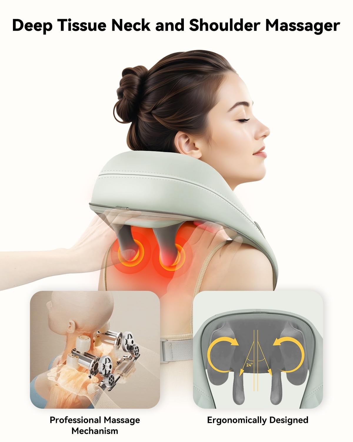 Cordless Neck Massager with Heat – Shiatsu Deep Tissue Pain Relief, 4D Kneading