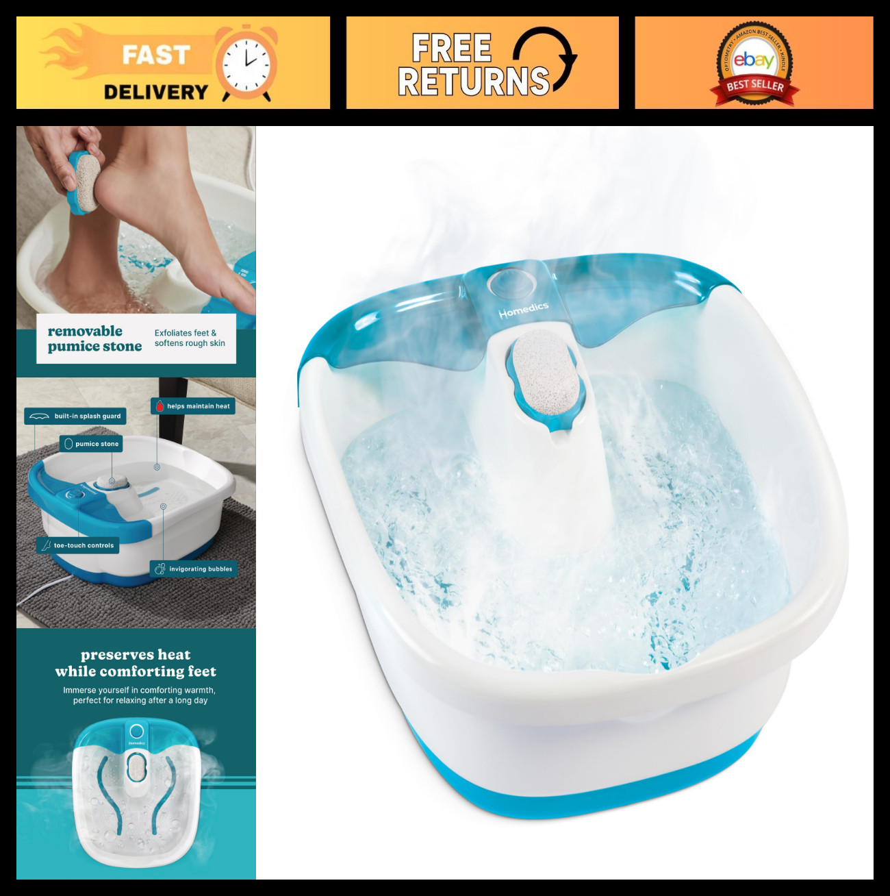 Invigorating Bubble Foot Spa with Toe Touch Control, Massage Nodes & Pumice Ston