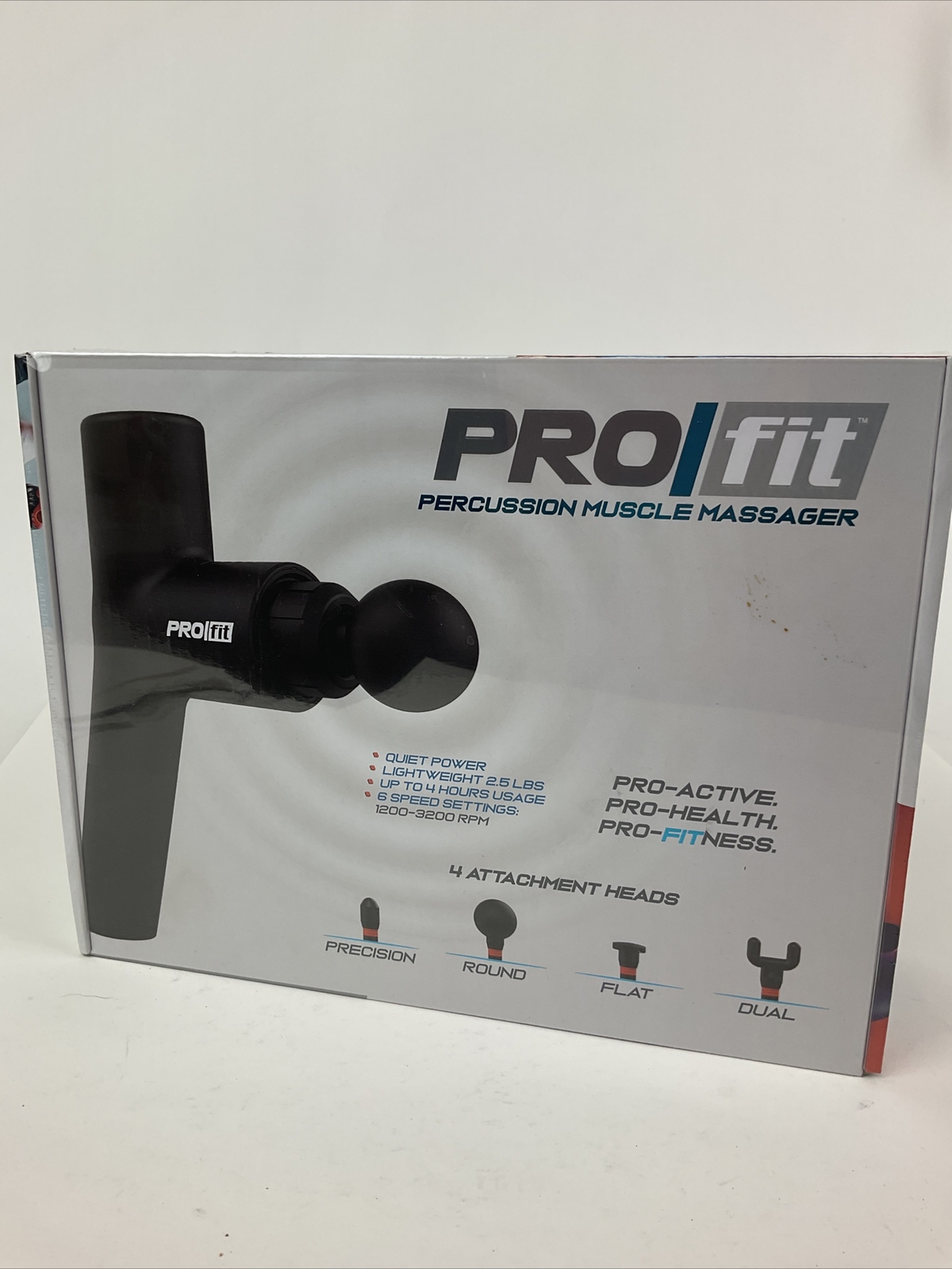PRO FIT Percussion Muscle Massager Gun With 4 Interchangeable Heads. New Sealed