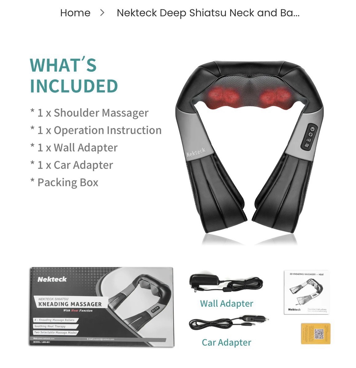 Nekteck Shiatsu Back Shoulder and Neck Massager with Heat