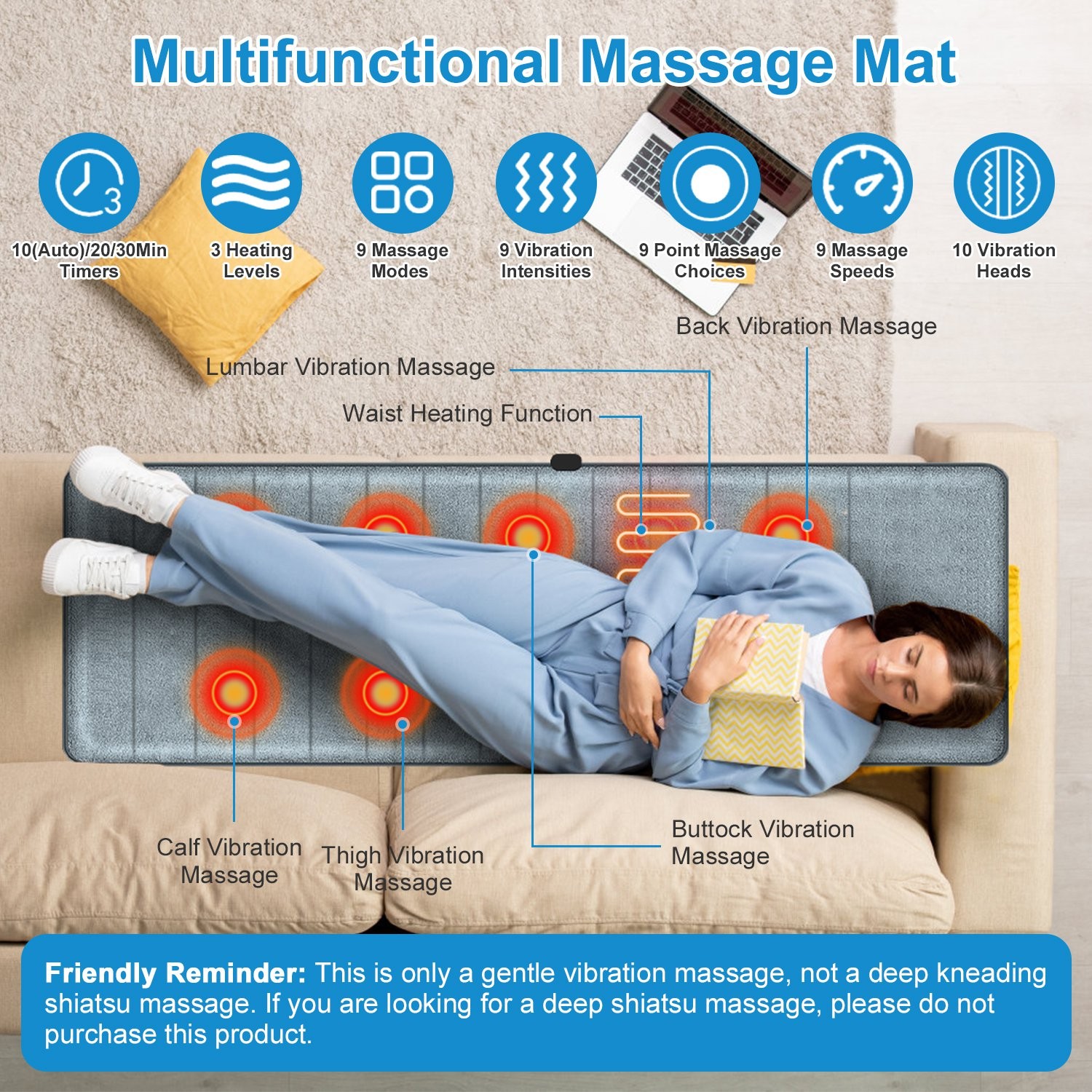 Full Body Electric Massage Mat W/ Heat &Vibration Features Soft Cushion Material