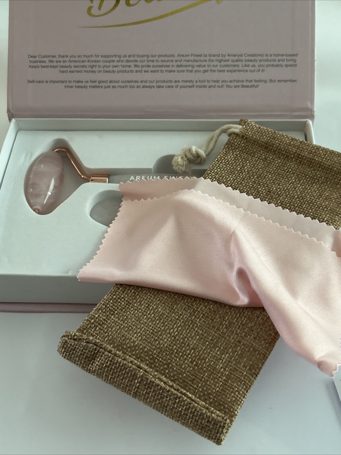 Rose Quartz Face Roller Gua Sha Self Care Set With Pouch Pamper Anti Aging Pink