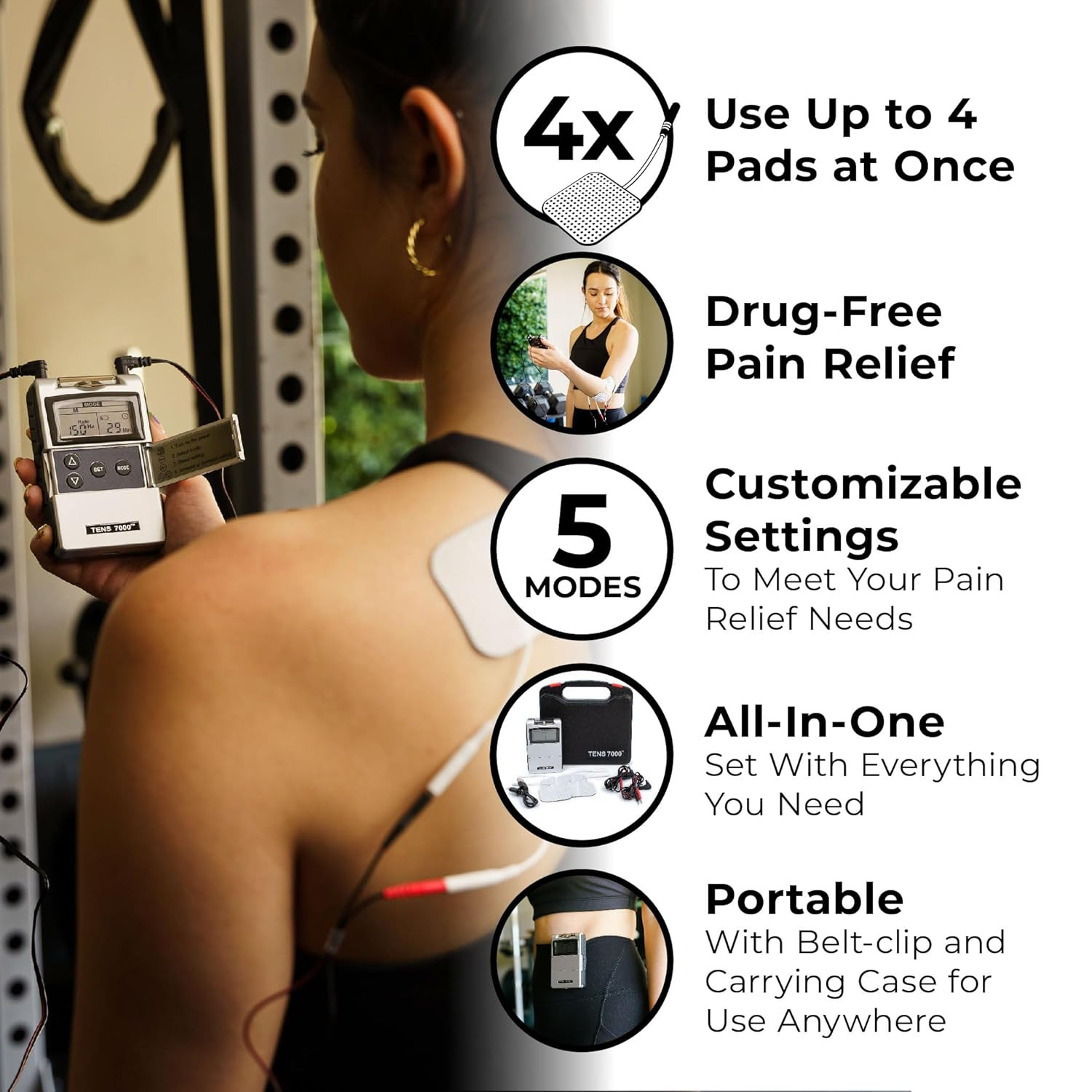 TENS 7000 Rechargeable Tens Unit Muscle Stimulator, Back Pain Relief, 4 Electrod