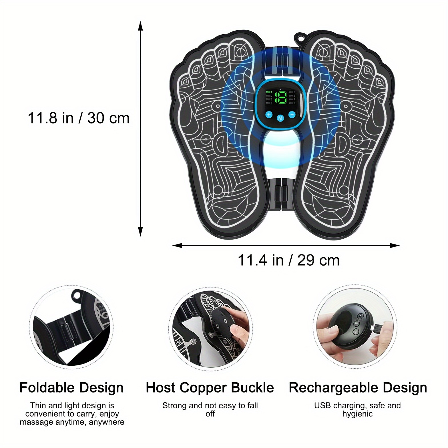 EMS Foot Massager Foldable, 8 Modes 19 Intensities, Portable TENS Massage Device