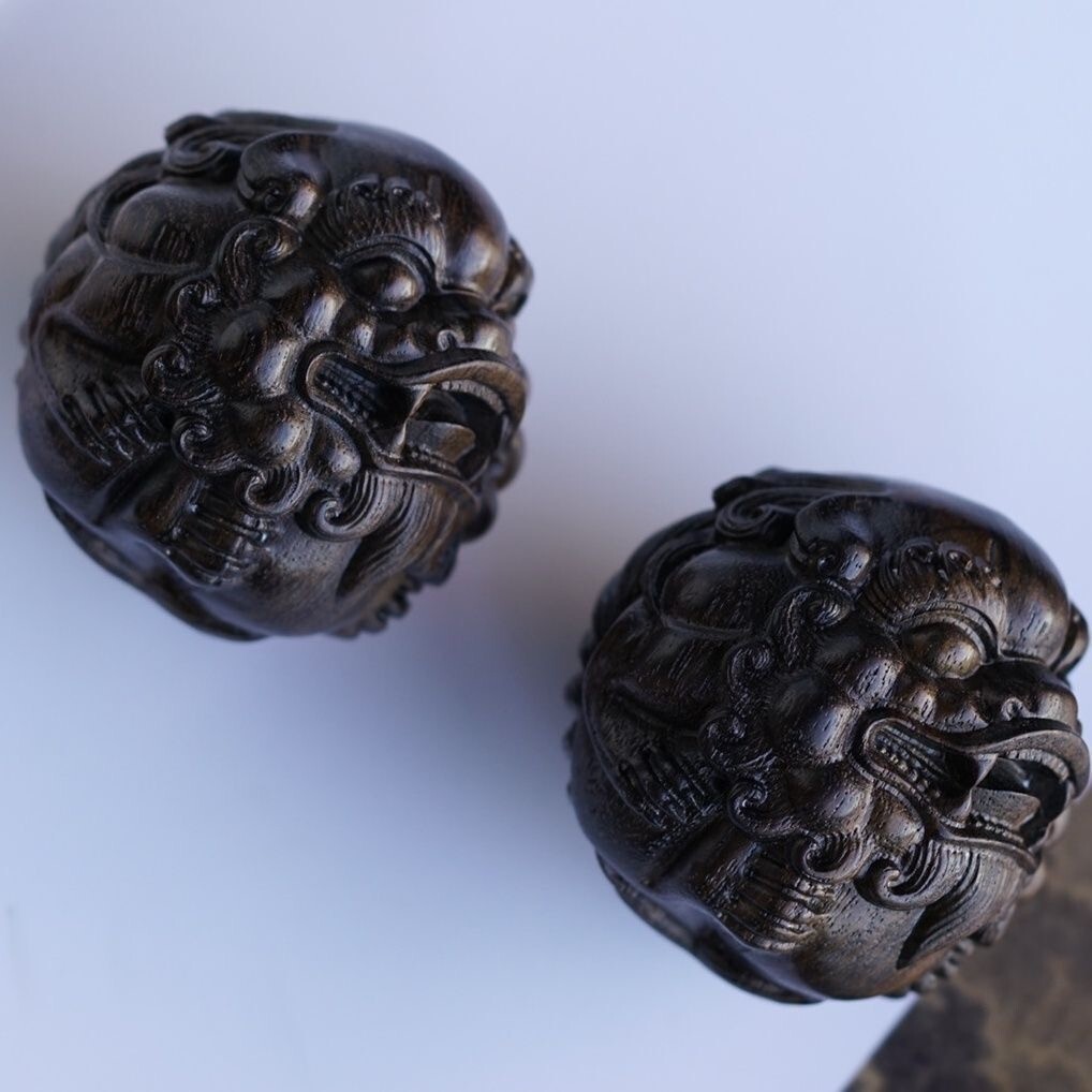 Pair Solid Ebony Wood Carved Pi Xiu Ball Hand Exercise Balls Finger Massage Toy