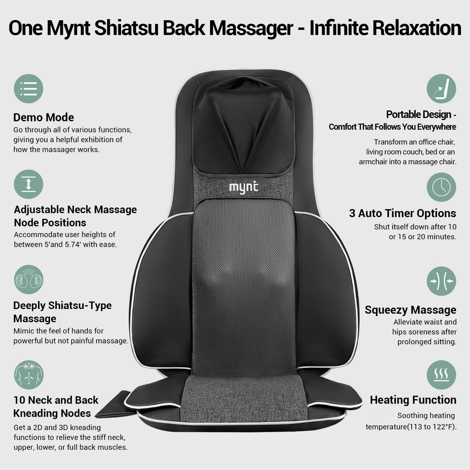 Shiatsu Neck & Back Massager for Chair, 10 Kneading Nodes, Heat, Portable Pad